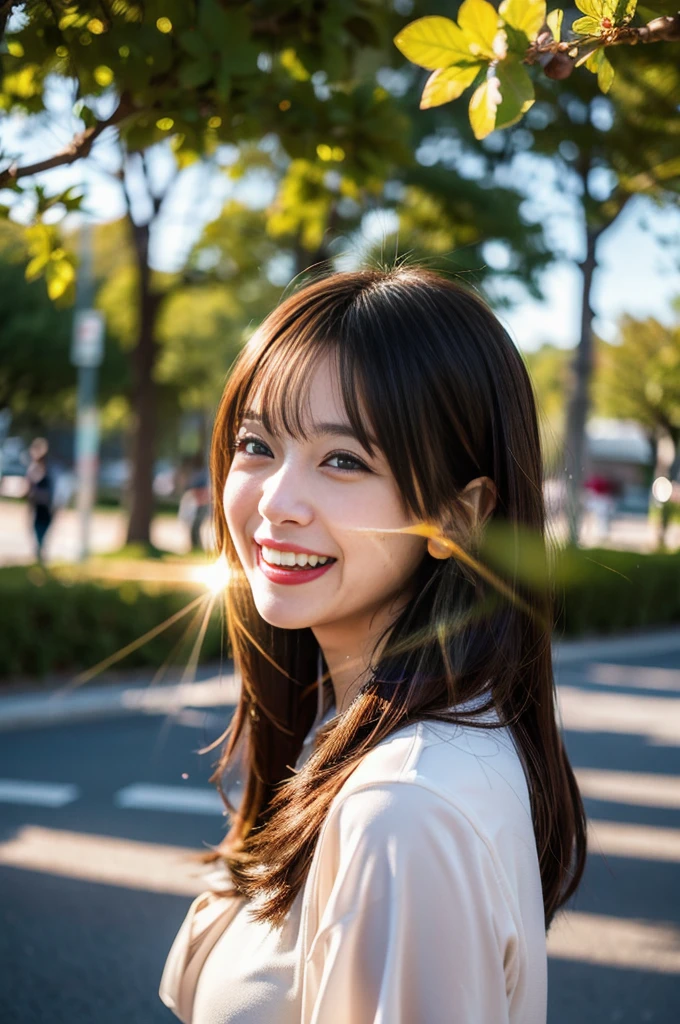 (8K, RAW Photos, Highest quality、masterpiece:1.2), (Realistic、Realistic:1.37), Japanese,like々Shii, huge laughing, View your audience, Sun glare, Blurred Background, Particles of light, Strong winds,
