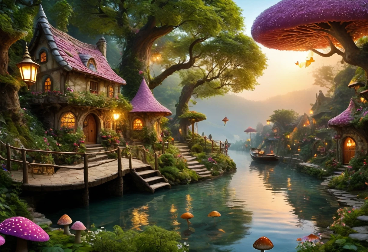 (best quality, 4k, 8k, highres, masterpiece:1.2), ultra-detailed, (realistic, photorealistic, photo-realistic:1.37), a charming fairy village at night, enchanted forest, magical creatures, glowing mushrooms, whimsical treehouses, lush greenery, dainty flowers, serene atmosphere, soft moonlight, fairy dust, ethereal beings, peaceful lakeside, cobblestone pathways, celestial stars, stunning architecture, magical bridges, mystical fog, harmonious colors, surreal ambiance, enchanted music, fairytale-like cottages, floating lanterns, hidden nooks and crannies, whispering winds, secretive entrances, hidden treasures, magical doorways, lively marketplace, elaborate costumes, vibrant market stalls, dreamy reflections in the water, fairy wings, index: above-average, dream-like, imagination, stardust magic, tranquil haven