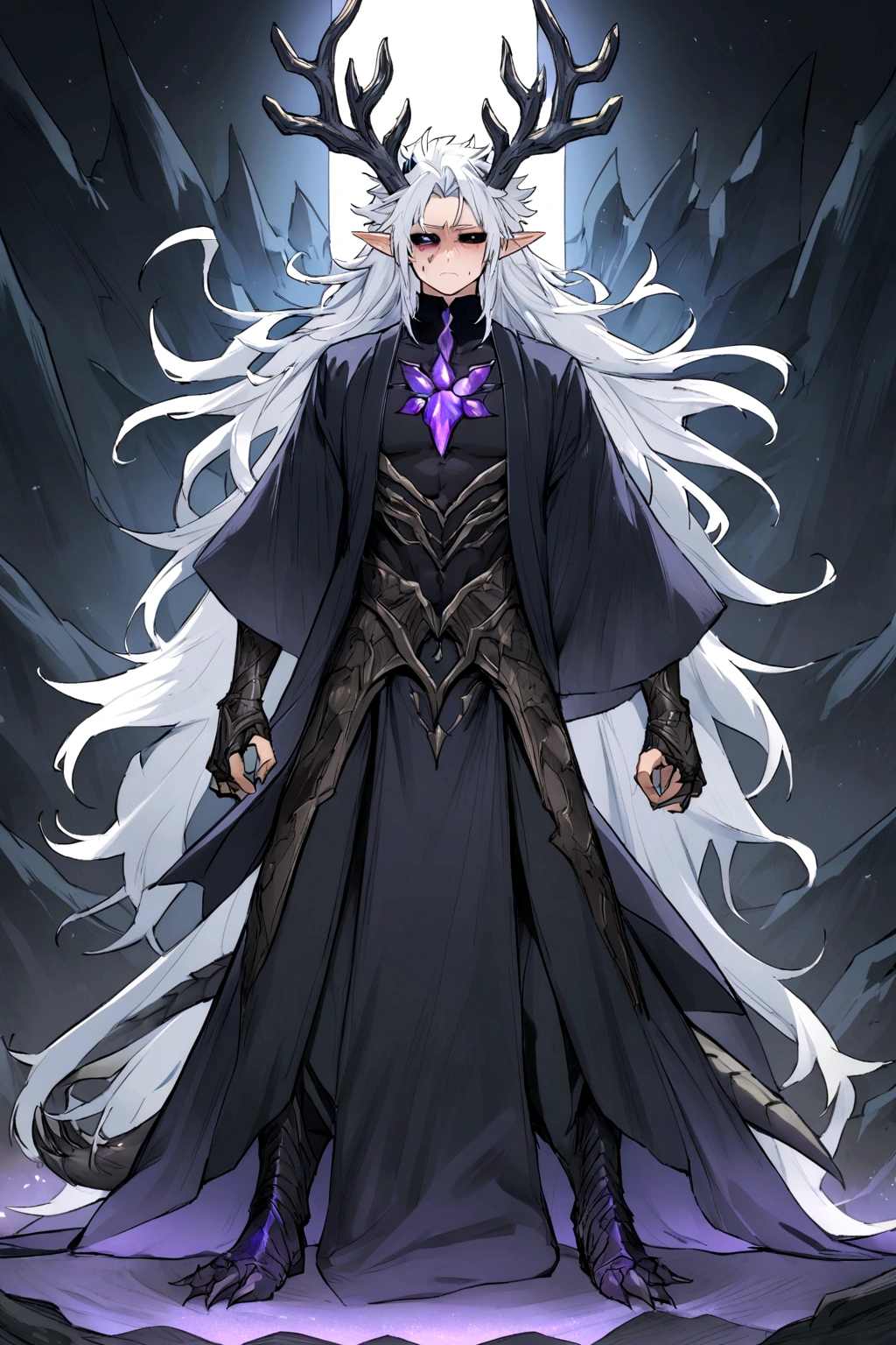 Solo, male , Character fusion: Nibelung fused with nidhoggr, odin and sun wukong, tall tanned man with wild unruly white hair, bangs on face, bangs, ((iridescent irises)), black sclera on eyes, long voluminous hair, spiky hair, pointy ears, fit , clawed fingers, dragon tail, open haori, turtleneck tanktop, dark crystal antlers, exhausted expression, khaenr'ah abyss, draconic person, calamity incarnate, full body