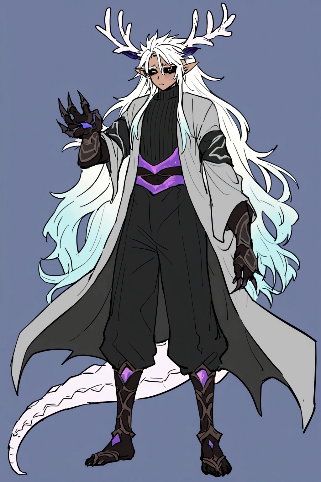 Solo, male teen, Character fusion: Nibelung fused with nidhoggr, odin and sun wukong, tall tanned man with wild unruly white hair, bangs on face, bangs, ((iridescent irises)), black sclera on eyes, long voluminous hair, spiky hair, pointy ears, fit , clawed fingers, dragon tail, open haori, turtleneck tanktop, dark crystal antlers, exhausted expression, khaenr'ah abyss, draconic person, calamity incarnate, full body