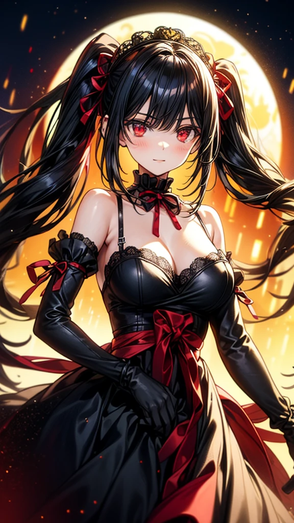 Kurumi Tokizaki is a beautiful young woman and has the appearance of an exuberant -yeld teger. She is described as a "royal beauty", she has fair and shiny skin, heterochromatic red and gold eyes that make them very seductive, and fine facial features. Her jet black hair is tied into two pigtails, letting others see her face. She is wearing a black and red evening dress along with a large gothic style skirt. On the upper part of her torso she has a ribbon decorated with lace. She wears long lace gloves. Her breasts are a C cup. She is standing backstage at a Japanese school, under the cover of the darkness of night illuminated by a faint crimson light from the blood moon.