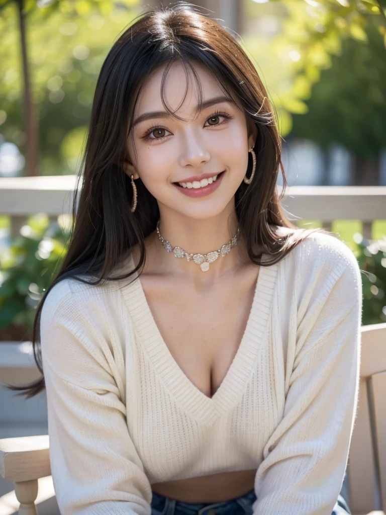 1girl, alone, solitary, high quality, (best quality,4k,8k,highres,masterpiece:1.2),ultra-detailed,(realistic,photorealistic,photo-realistic:1.37),gorgeous hair,black hair, jet black long straight hair with bangs,puffy eyes,mole on the cheek,plump lips,jewelry,(high detailed skin:1.4),(rim lighting:1.3),(lit:1.3),(sunny day:1.3),portrait,beautiful lips,waist-length hair,seductive gaze,moles,sweater,intense colored sweater,close up,really long hair,choker necklace,tattoos on thighs,tattooed,light eyes,bangs,fringe,20 year old,perfect smile,beautiful smile,dimples on the cheeks,perfect teeth,straight teeth,beautiful teeth,dimples,dimpled smile,apple cheeks,deep dimples,perfect sized teeth,even teeth