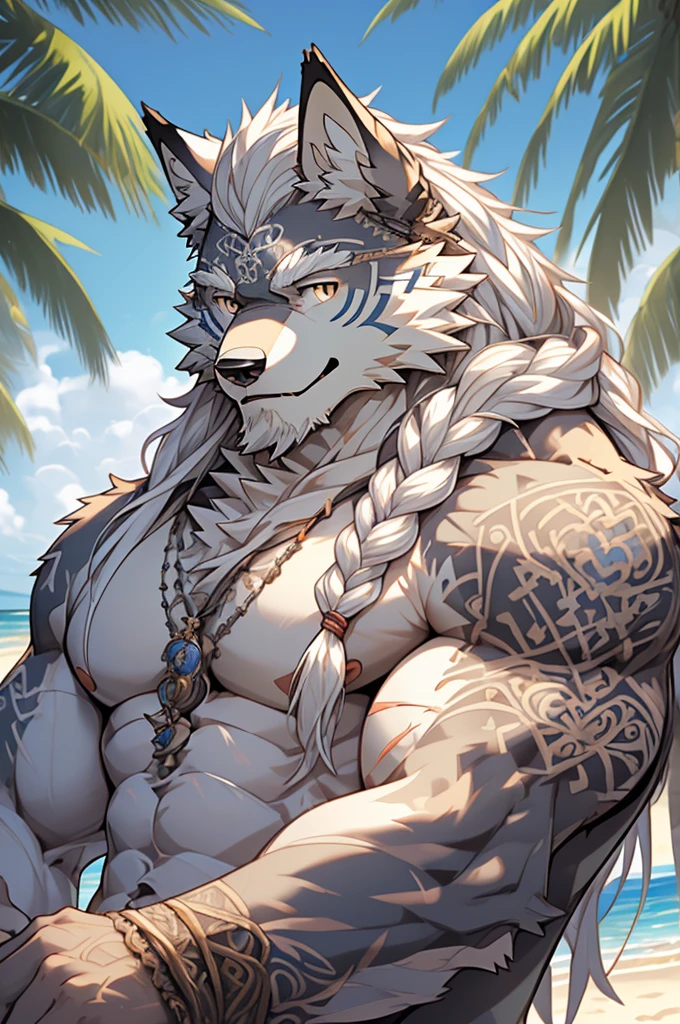 (masterpiece),(highres),(intricate details:1.4),extremely detailed,(illustration:1.2),8k,photorealistic,Anime headshot,exquisite,solo,elder male wolf,grey fur,muscular,general,(naked upper body:1.4),(white hair:1.3),long hair,braided hair,beard,scar,naked,on the seacoast,beach resort,swimwear,beach,warm sunshine ,smiling face
