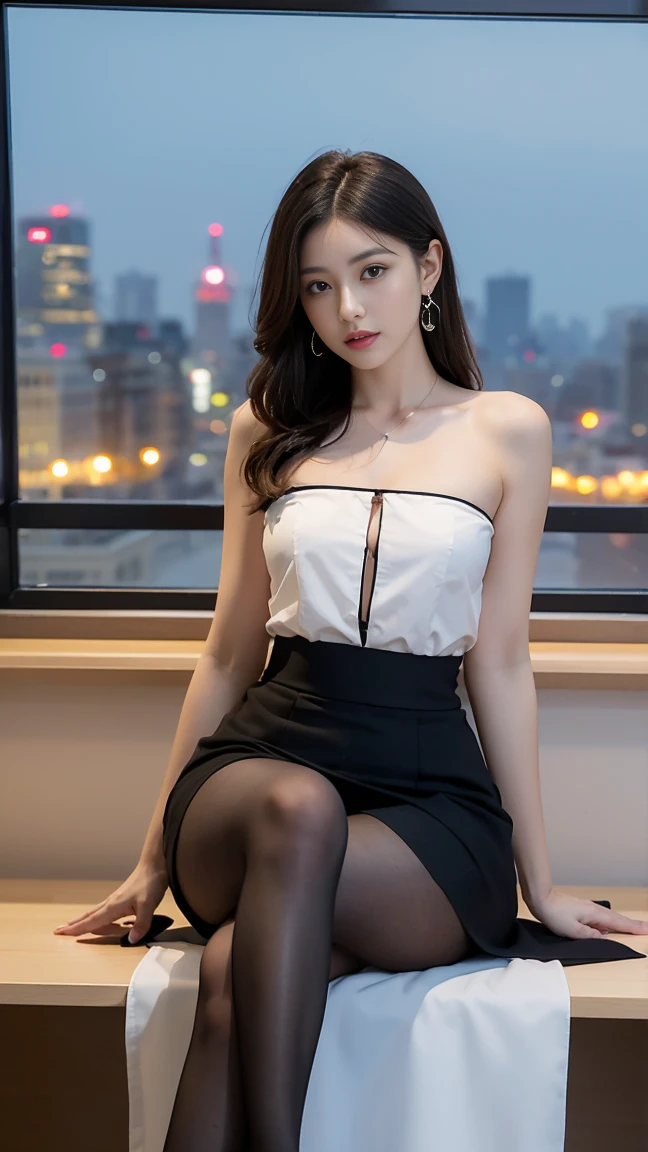 in the office,a young beautiful lady,Wear professional attire,suit,red bandeau underwear,slit covered skirt。Bigger and wider hips,thin waist,some。Dressed up with jewelry,earrings,watch,High heel,black stockings。Painted with light makeup,beautiful eyeeautiful lips,very beautiful,Very temperamental。sitting at desk,camel toe,Look at the file,With books。Background modern city office buildings,Very modern,There a lot of space,Outside the window the night view of the city,Modern Shanghai city night view。8 p.m,City neon lights flashing。Professional lighting effectovie shot,intricate details,The best resolution,masterpiece。