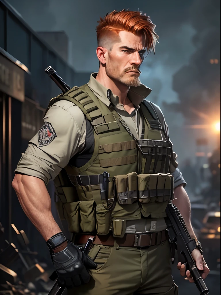 Mercenary, male focus, holding an assault rifle with two hands, load-bearing vest, ammunition belt, danger atmosphere, war zone, auburn hair, crew cut, dark grey eyes, age 45. cigar in mouth