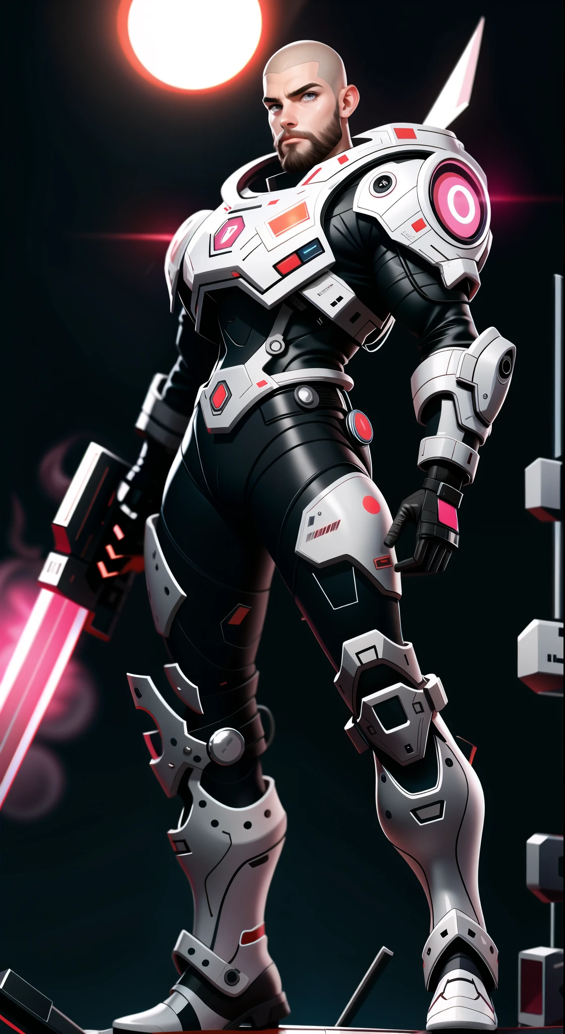 High resolution image of muscular cyberpunk style man with white skin, male face with beard, hair divided in the middle of the head long, showing full body, muscular arms, muscular legs, wearing futuristic space armor, walking on deserted Mars, With Sun, holding a laser sword in his right hand, looking at camera, squared chin, fine nose, pink mouth lips, cloused mouth, well-defined eyes with blue irises, show legs, 8K ultra resolution.