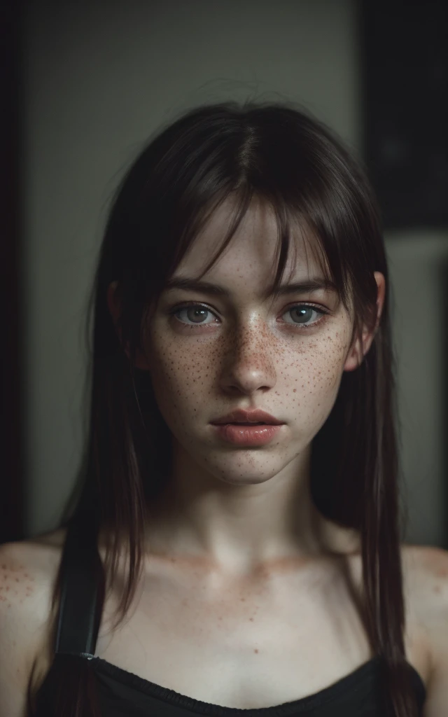 (editorial photograph of a 20 year old Tifa Lockhart), (highly detailed face:1.4) (smile:0.7) (background inside dark, moody, private study:1.3), dark background, by lee jeffries, nikon d850, film stock photography, 4 kodak portra 400 ,camera f1.6 lens, rich colors, hyper realistic, lifelike texture, dramatic lighting, cinestill 800, messy hair, serious, (freckles:].4), pale skin, cute sexy, naked, medium breasts