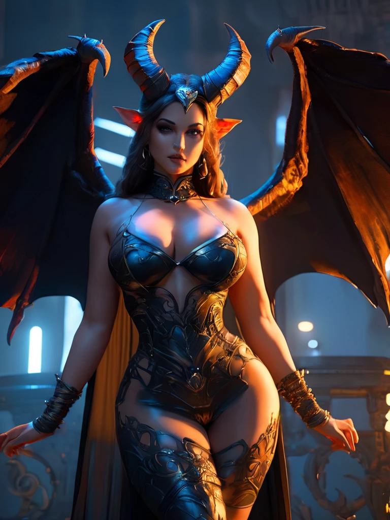 full body photo.attractive female goddess, clothes barely covering roundings.realistic,cinematic. 8 k .Let me see your thighs with your legs.A beautiful lady.like an devil,the wings of a bat grow.large breast.ram horns on head.her eyes that are piercing,photo realistic,cinematic lighting,hyperdetailed,glow effect,sharp focus, smooth, aesthetic, extremely detailed, octane render,solo, dark industrial background,rock clothes, cinematic light, intricate detail, highly detailed