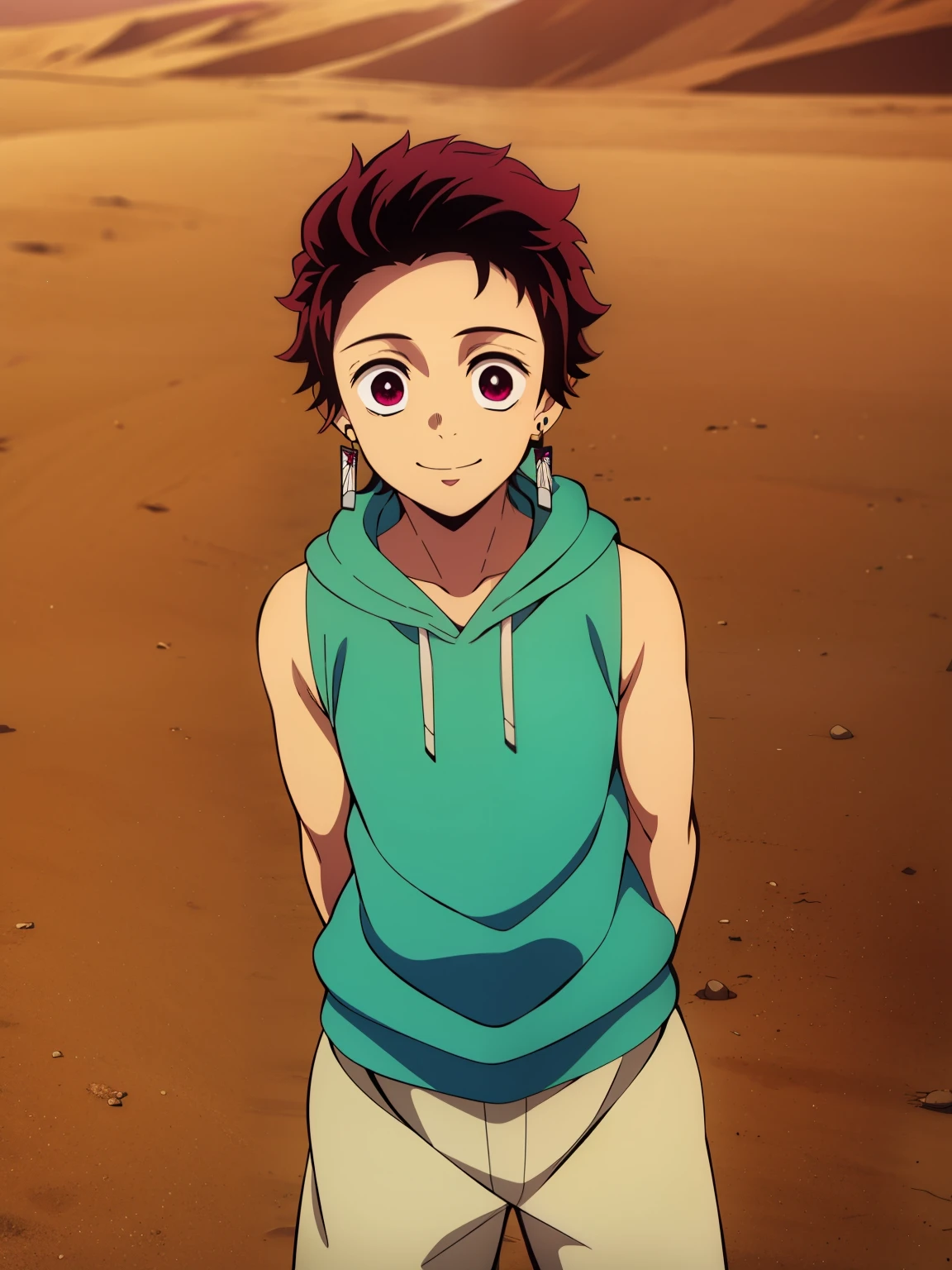 Highres, Masterpiece, Best quality at best,Best Quality,hight quality, hight detailed, Anime screencap style, 1boy, Shota, Little boy, Solo, Tanjiro, earring, smile, (Sleeveless hoodie), Seen from the front, look at viewer, desert, (very young boy), (very small and short body), 12-year-old boys, hansome boy, Uhd, 4k, wallpaper
