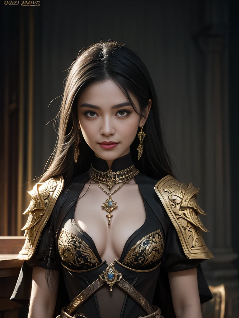 Long Shot, Thin legs, Full body image, A realistic black bra is visible underneath the armor., Full body image, Highest quality,masterpiece,masterpiece portrait,Intricate details,Magnificent Light,Fantasy,Dungeons & dragon,Retro,priest,Dark Elf,One girl,Wooden table,Shoulder strap,Grey Skin,Elegant smile,squint,Close-up portrait of a Mycenaean Drow woman wearing gold jewelry, Spider:0.9, web:1.0, Fantasy, Volumetric lighting, コンセプトart, Brush Stroke Style, artステーション, trend, Very detailed, art：Greg Rutkowski  