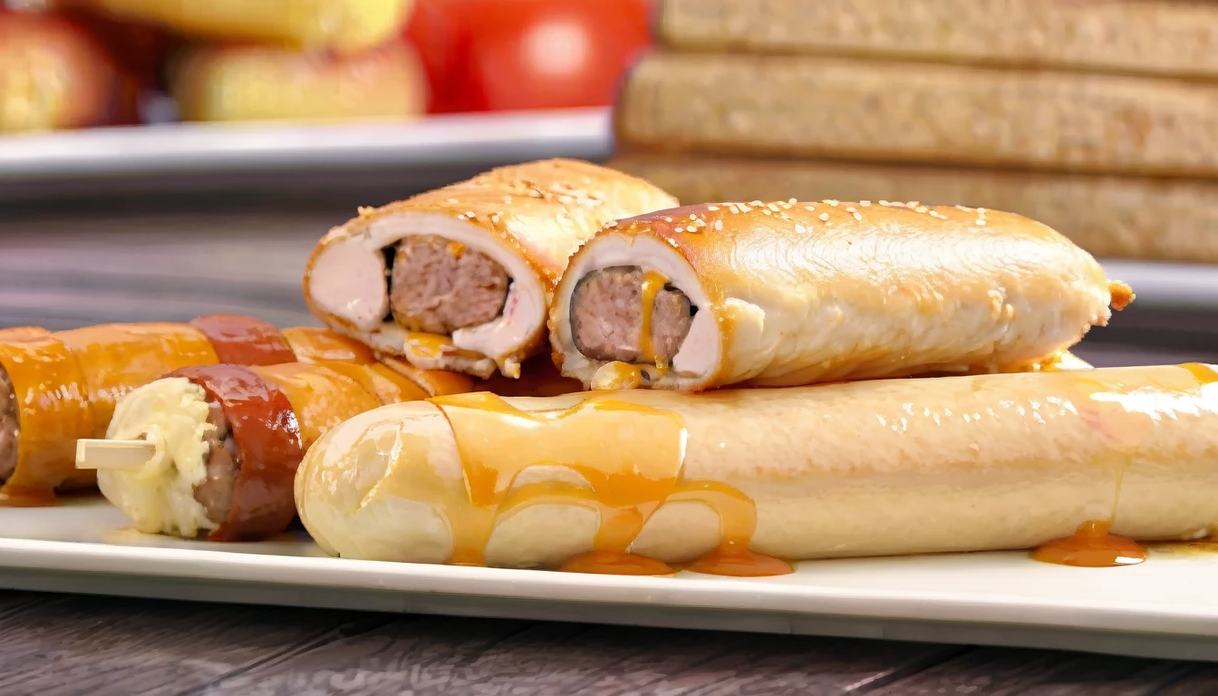 there are several sausages on a plate with a plate of tomatoes, sausages, 3 4 5 3 1, cheesy, nugget and sausage on plate, sausage, chicken, tasty, extremly high qualityy, high qualityy details, Kebabs, sausage, 4 0 9 6, Made of glaze, snack, qiangshu, Bone, Soft, high quality