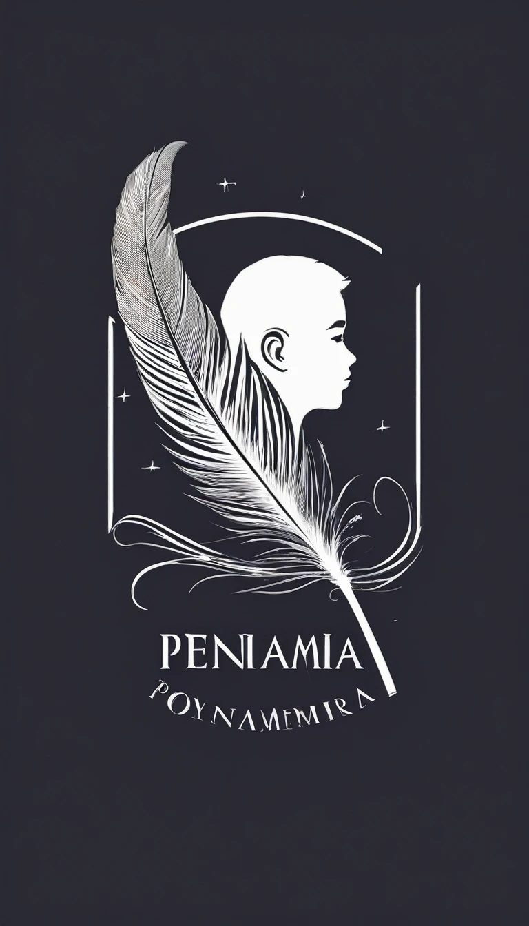 A minimalist, fantastic, poetic, dreamy, captivating, memorable, masterpiece, modern, simple logo design of a boy and a feather for the brand “Penamemoria". The logo must convey a sense of music, stories and dreams. Minimalistic logo design of a boy and a feather.