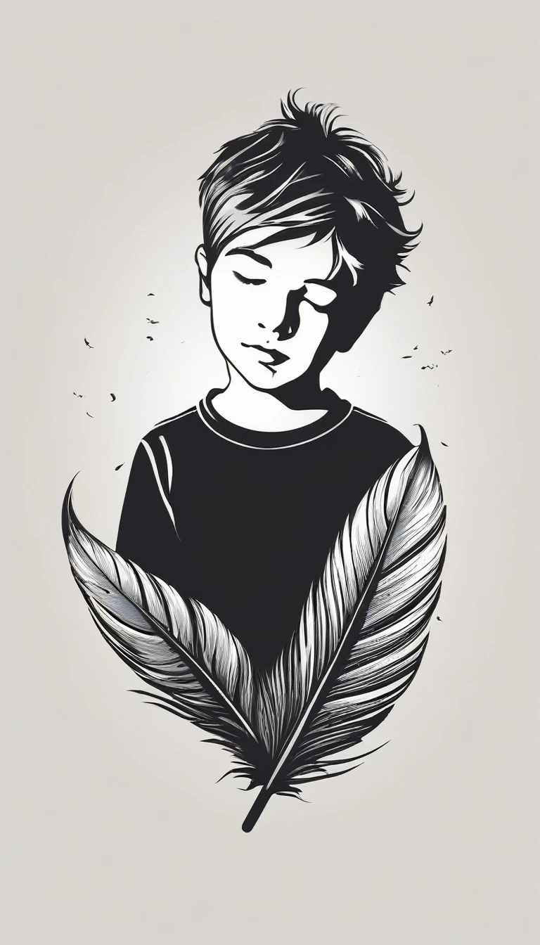 A minimalist, fantastic, poetic, dreamy, captivating, memorable, masterpiece, modern, simple logo design of a boy and a feather for the brand “Penamemoria". The logo must convey a sense of music, stories and dreams. Minimalistic logo design of a boy and a feather.