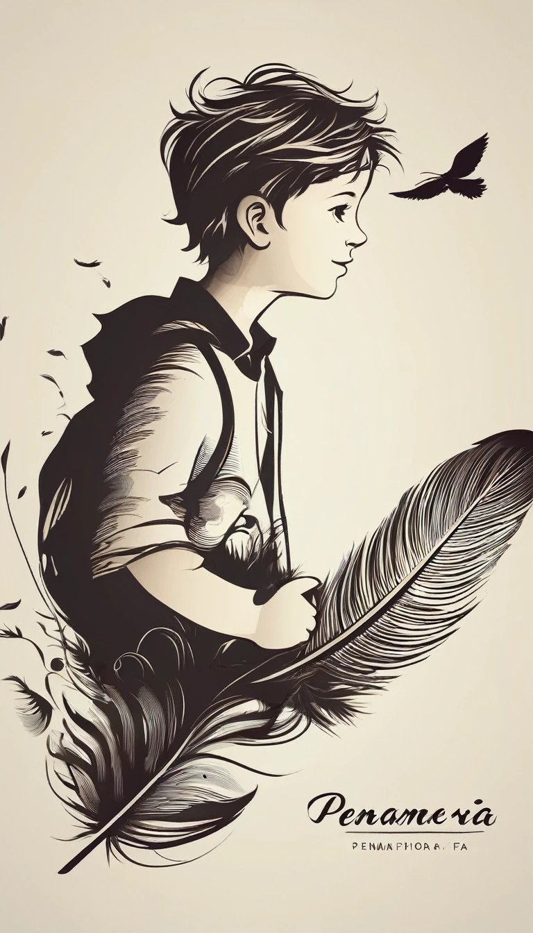 A minimalist, fantastic, poetic, dreamy, captivating, memorable, masterpiece, modern, simple logo design of a boy and a feather for the brand “Penamemoria". The logo must convey a sense of music, stories and dreams. Minimalistic logo design of a boy and a feather.