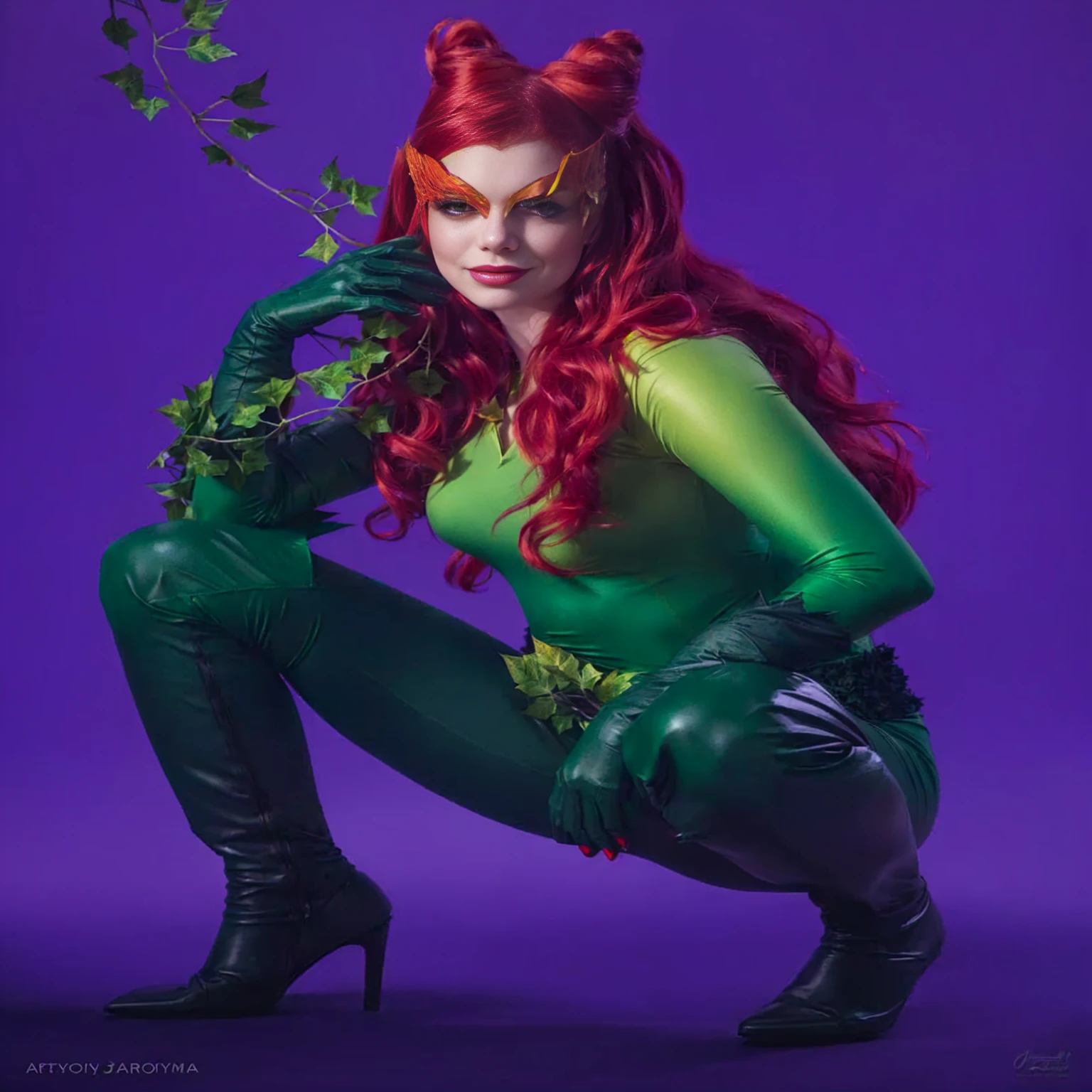 Araffe woman dressed in green and red posing for a photo., poison ivy, poison ivy from batman, full length portrait of gray jean, character photography, Artgerm Moody Photography, amouranth como supervillano, ivy, inspired by mary jane start, emma stone poison ivy dc comics, emma stone poison ivy, glamorous cosplay