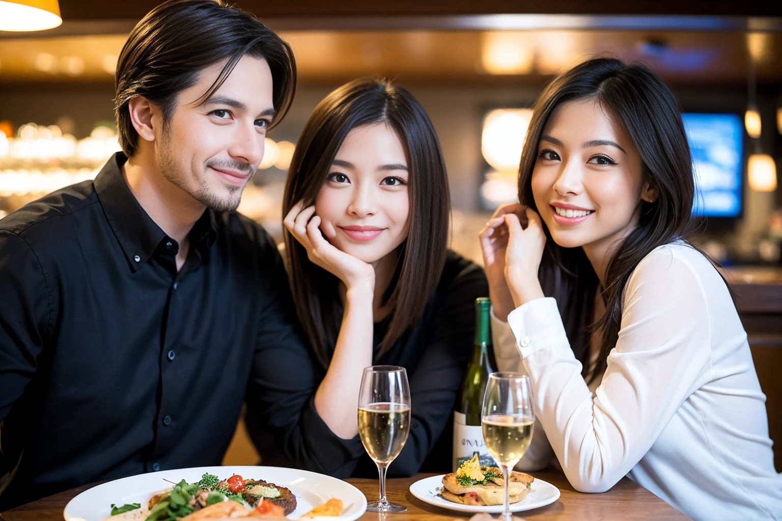 ((Highest quality、、masterpiece:1.3))、1 male 1 female、Slim Beauty、Beautiful couple、smile、full-course dinner、 (Slim face), (the body is スリム), (Brown Hair), (Shortcuts), ((Bob Hale、Straight hair:1.2)), テーブルの上のwine glass、Shine light on your face、 Amazing view of the sunset sky and clouds、smileの美しさ、Bright image、Blushing, Shortcuts, (Age 35), 39 years old, Appetizers、Italian food、Wine bottle、Champagne、sparkling wine、Long sleeve shirt、dress、Attractive beauty、restaurant, Nova Frog Style, actress, model, Upper Body, White wine, red wine, wine glass, 