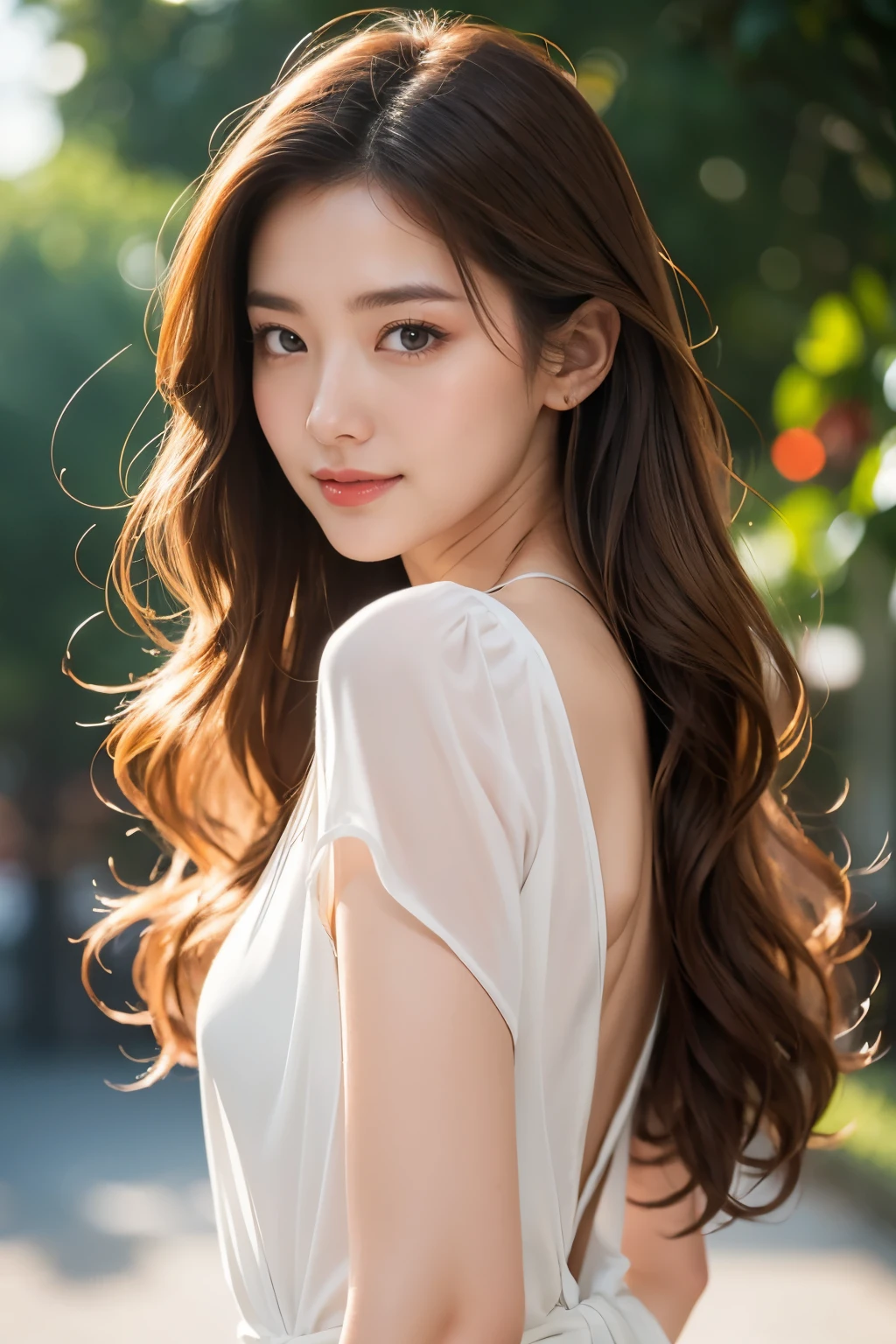 highest quality、8K、Perfect Face、Perfect Style、perfect body、model、Sunburn、beautiful lady、mature、long curly layer brown hair、Swept-back hair、full body, sexy 、charming、healthy、smile、facing forward,pensive expression,standing upright,
BREAK like a fashion magazine cover