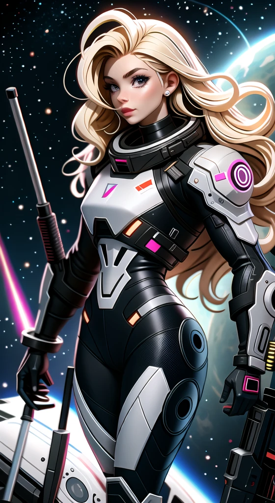 High resolution image of muscular cyberpunk style man with white skin, male face with beard, long wavy blonde hair, showing full body, muscular arms, muscular legs, wearing futuristic space armor, walking on deserted Mars, With Sun, holding a laser sword in his right hand, looking at camera, squared chin, fine nose, pink mouth lips, cloused mouth, well-defined eyes with blue irises, show legs, 8K ultra resolution.