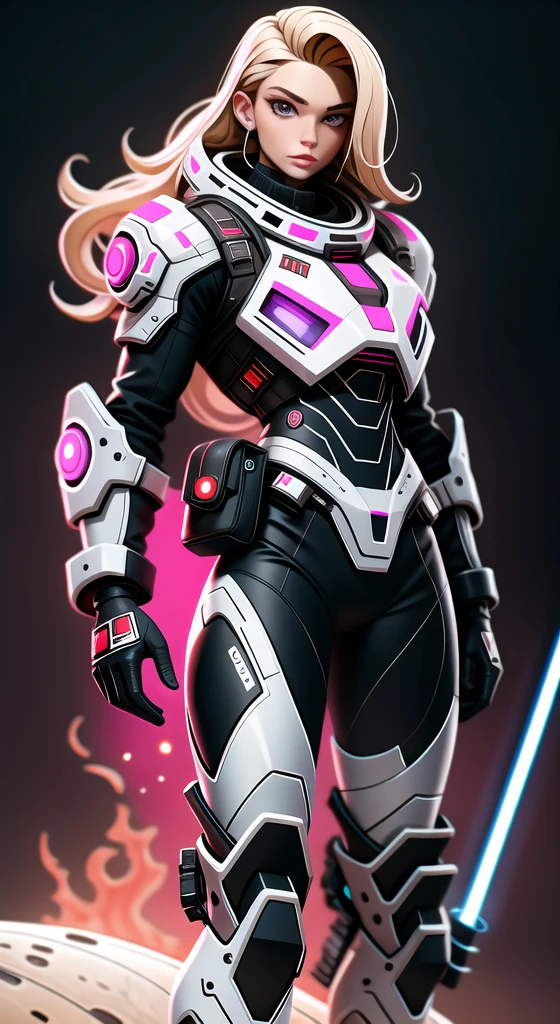 High resolution image of muscular cyberpunk style man with white skin, male face with beard, long wavy blonde hair, showing full body, muscular arms, muscular legs, wearing futuristic space armor, walking on deserted Mars, With Sun, holding a laser sword in his right hand, looking at camera, squared chin, fine nose, pink mouth lips, cloused mouth, well-defined eyes with blue irises, show legs, 8K ultra resolution.