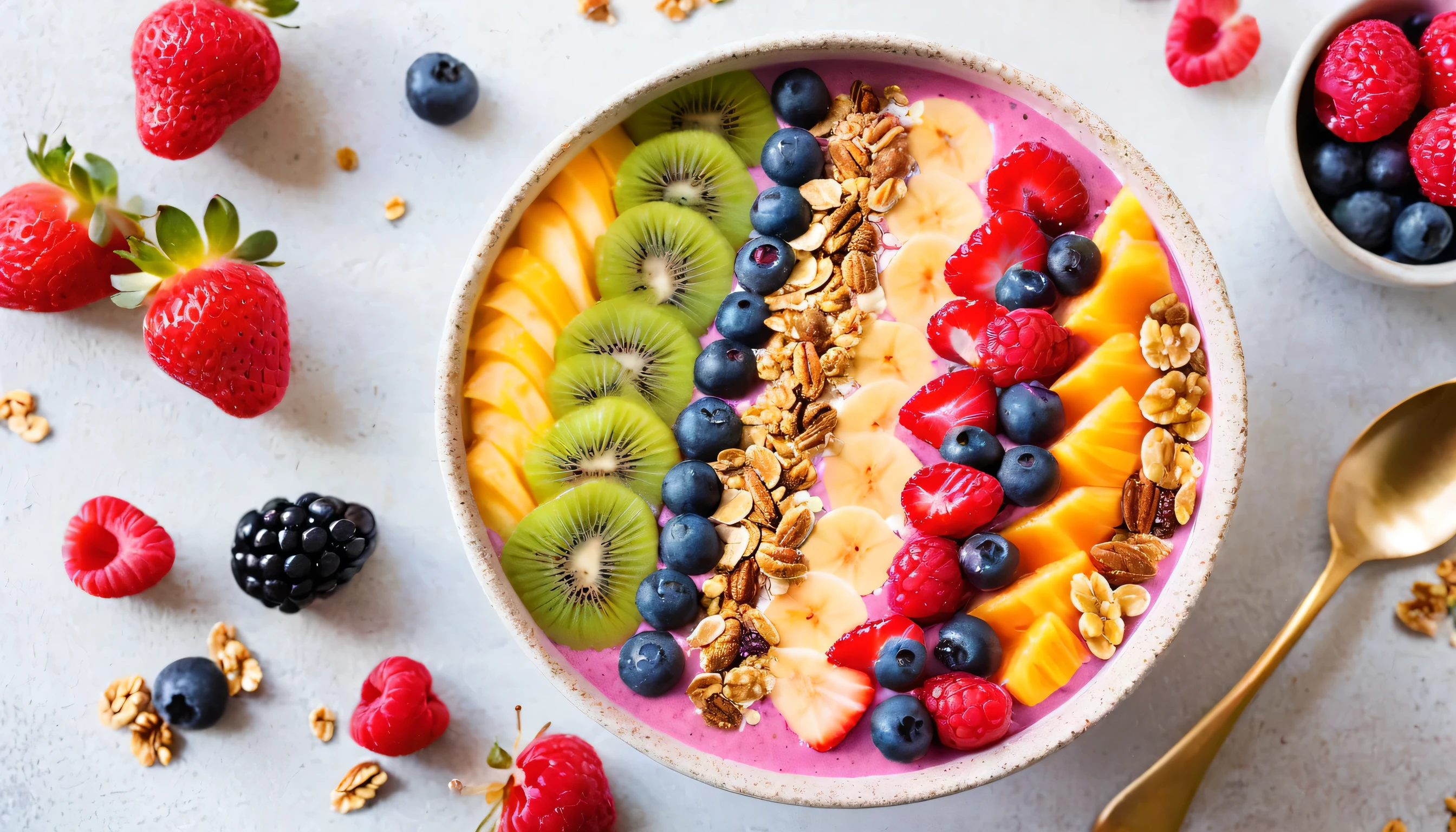 HD photo, trending on Pinterest, colorful fruit smoothie bowl, decorated with an assortment of fresh berries and granola