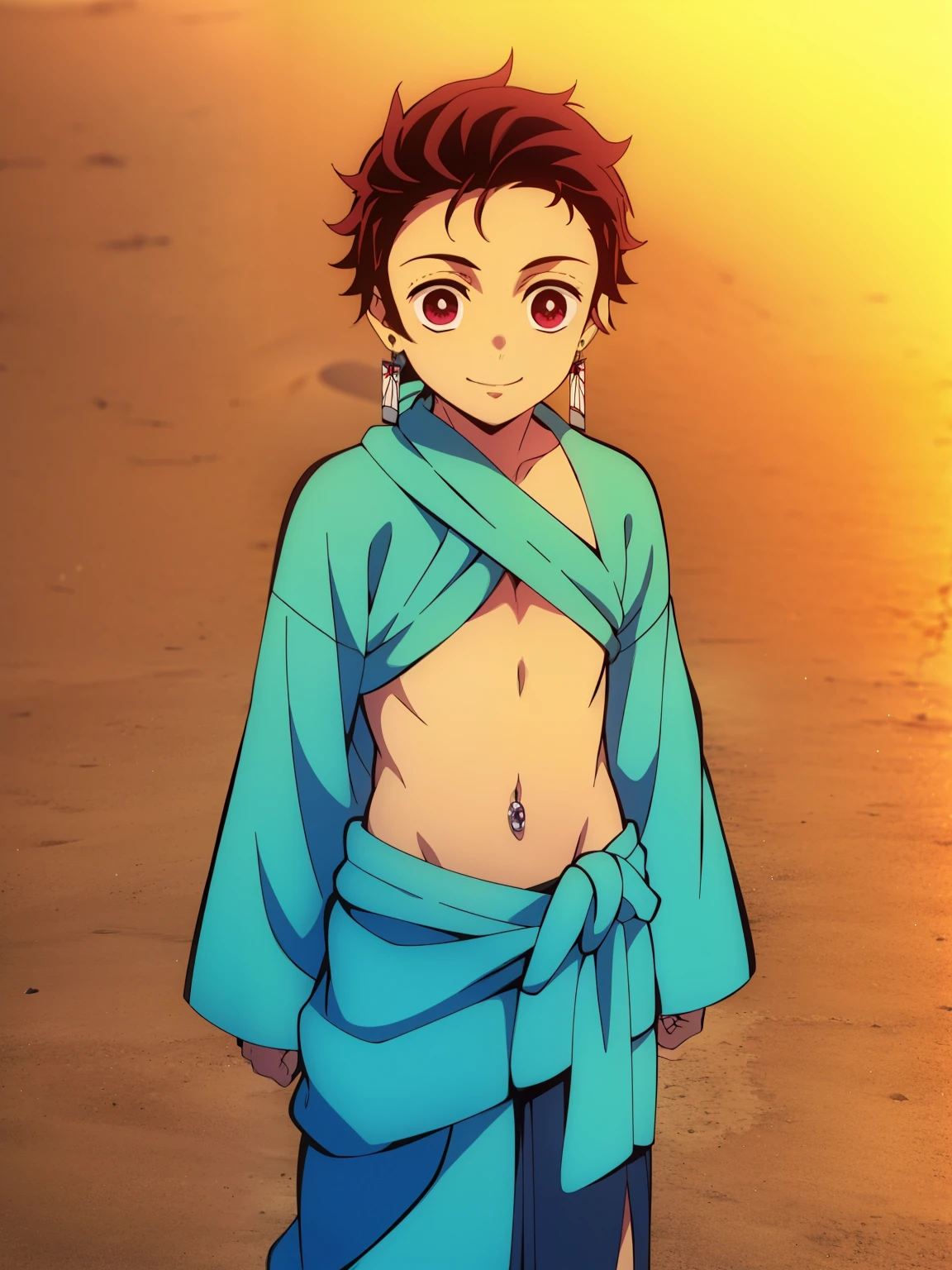 Highres, Masterpiece, Best quality at best,Best Quality,hight quality, hight detailed, Anime screencap style, 1boy, Shota, Little boy, Solo, Tanjiro, earring, smile, Sarong, croptop, Bare shoulder, Navel piercing, Seen from the front, look at viewer, desert, (very young boy), (very small and short body), 12-year-old boys, blurry beckground, Uhd, 4k, wallpaper