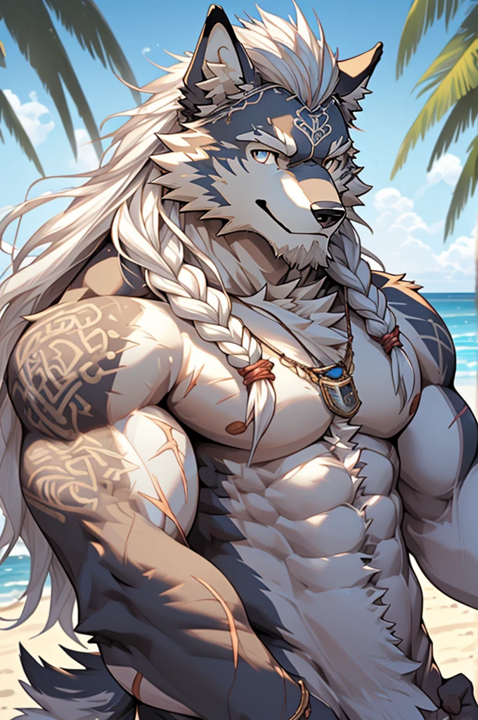 (masterpiece),(highres),(intricate details:1.4),extremely detailed,(illustration:1.2),8k,photorealistic,Anime headshot,exquisite,solo,elder male wolf,grey fur,muscular,general,(naked upper body:1.4),(white hair:1.3),long hair,braided hair,beard,scar,naked,on the seacoast,beach resort,swimwear,beach,warm sunshine ,smiling face 