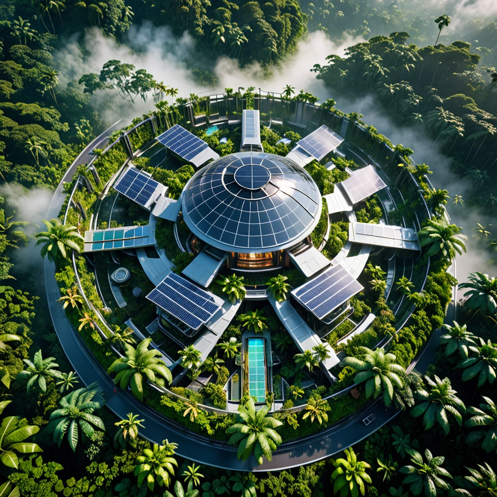 aerial view, a futuristic research complex in a bright foggy jungle, hard lighting, ultra-detailed, highly realistic, 8k, photorealistic, cinematic lighting, volumetric fog, dynamic composition, advanced architectural design, advanced technology, clean lines, metallic accents, glass panels, solar panels, lush tropical foliage, colorful flora, mysterious atmosphere, dramatic chiaroscuro
