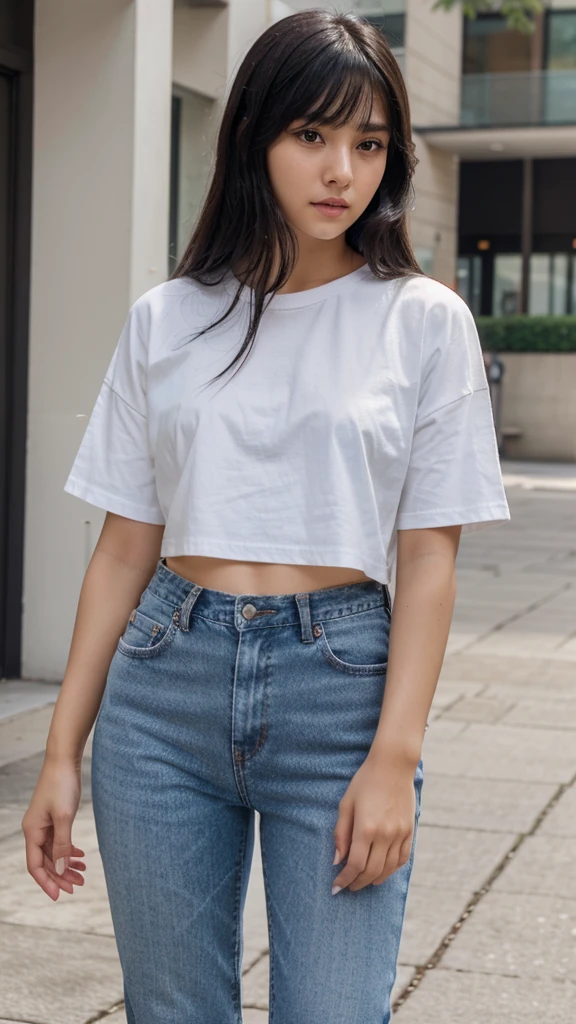 Beauty。Brown skin。Small Mouth。cheek。bangs。Black Hair。Plain white T-shirt。Regular jeans。21 years old。beautiful。nose。
