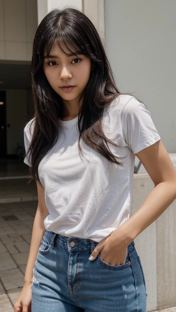 Beauty。Brown skin。Small Mouth。cheek。bangs。Black Hair。Plain white T-shirt。Regular jeans。21 years old。beautiful。nose。