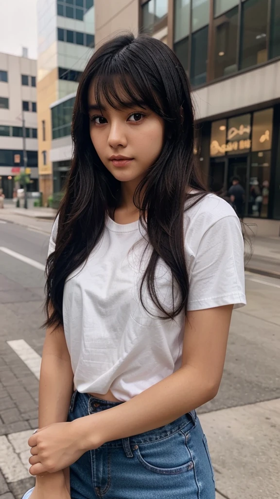 Beauty。Brown skin。Small Mouth。cheek。bangs。Black Hair。Plain white T-shirt。Regular jeans。21 years old。beautiful。nose。