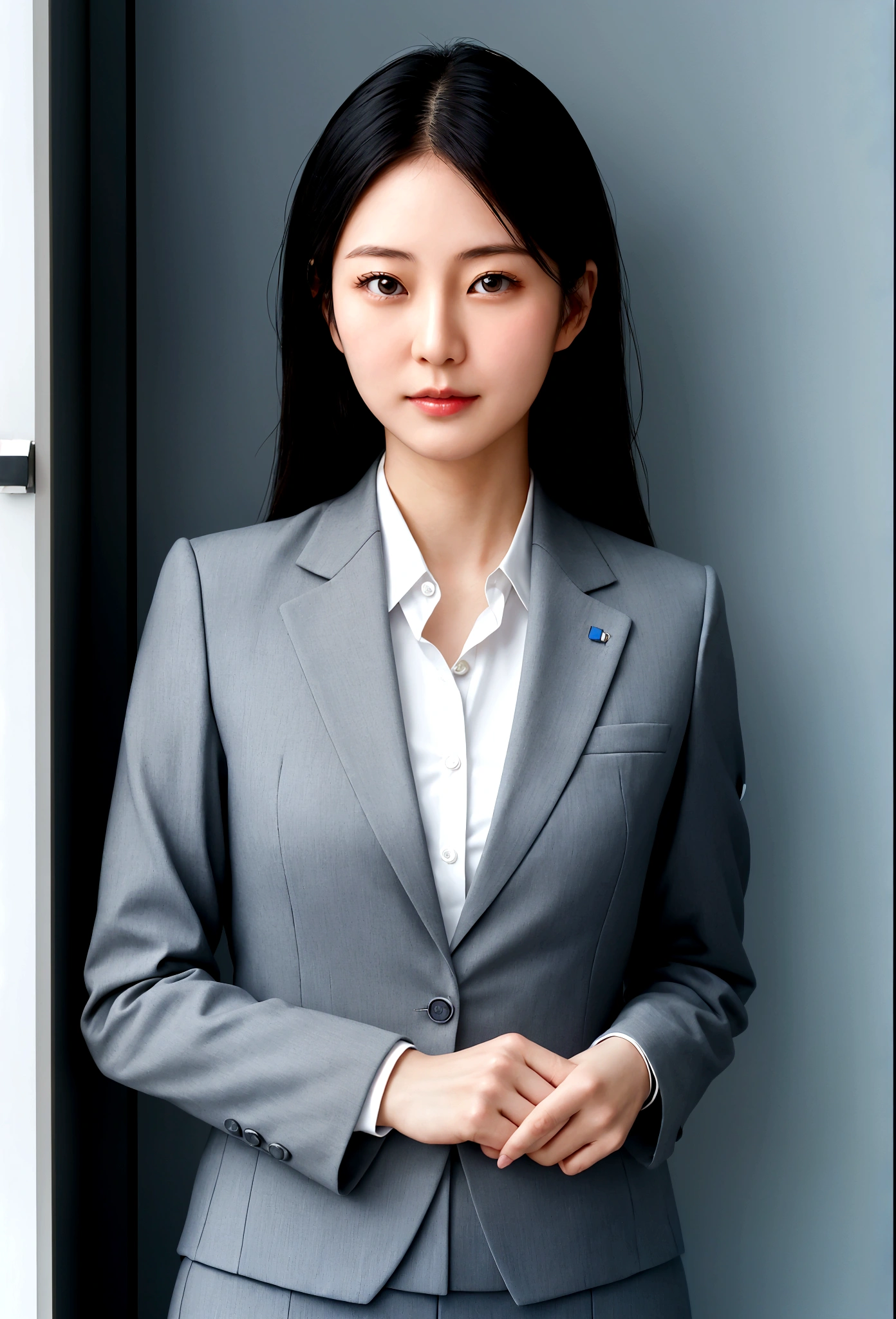 Japanese career woman in business suit. Upper body only, eyes and body facing front, Age 35. banker, in charge of accounting.