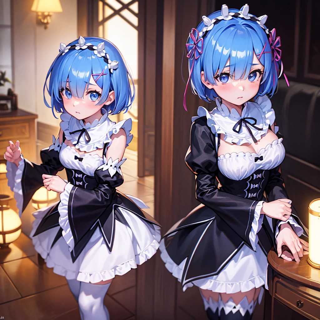 (8K, 4K, Best Quality, High Definition, Ultra High Definition: 1.1), (Masterpiece, Realistic, Photorealistic: 1.1), 1girl, NSFW, model's expression, rem, blue eyes, blue hair, hair ornament, hair over one eye, hair ribbon, short hair, x hair ornament, apron, black ribbon, black skirt, black sleeves, detached collar, detached sleeves, flower, frilled apron, frilled skirt, frills, head wreath, long sleeves, maid, miniskirt, neck ribbon, purple ribbon, ribbon, ribbon trim, ribbon-trimmed sleeves, roswaal mansion maid uniform, short hair, skirt, thighhighs, waist apron, white apron, white thighhighs,