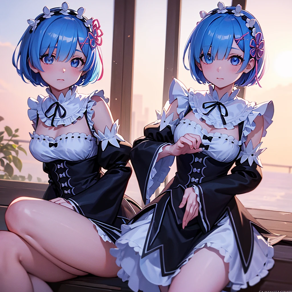 (8K, 4K, Best Quality, High Definition, Ultra High Definition: 1.1), (Masterpiece, Realistic, Photorealistic: 1.1), 1girl, NSFW, model's expression, rem, blue eyes, blue hair, hair ornament, hair over one eye, hair ribbon, short hair, x hair ornament, apron, black ribbon, black skirt, black sleeves, detached collar, detached sleeves, flower, frilled apron, frilled skirt, frills, head wreath, long sleeves, maid, miniskirt, neck ribbon, purple ribbon, ribbon, ribbon trim, ribbon-trimmed sleeves, roswaal mansion maid uniform, short hair, skirt, thighhighs, waist apron, white apron, white thighhighs,