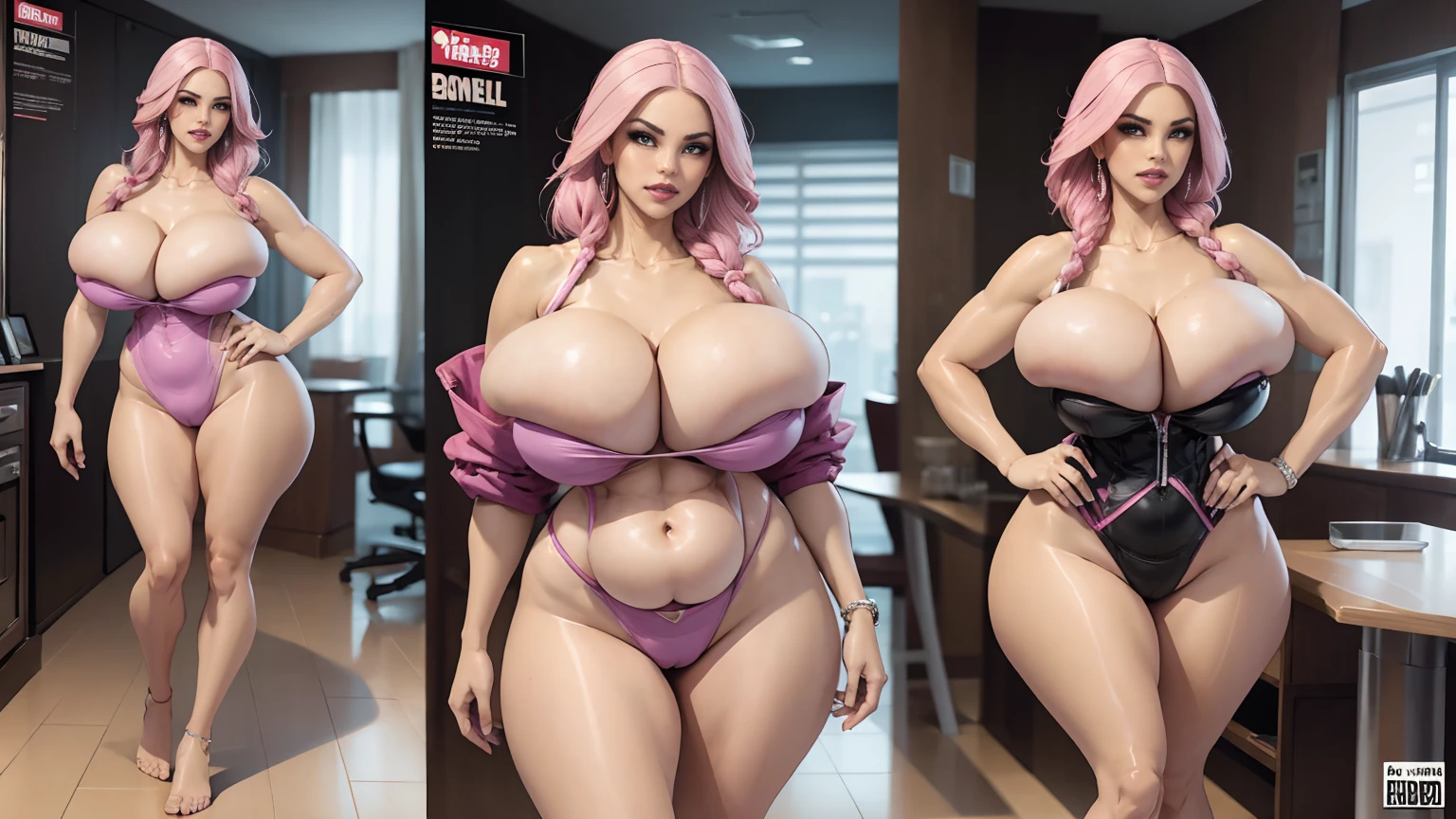 ((character concept art)), ((character design sheet, same character)),(full body view),(adult MILF), Solo, Tall stature, (voluptuous:1.3), (swimsuit), ((( huge fake breasts:7.9 ))),goddess, pink eyes, big eyes, light pink skin, oiled tan skin, tan lines, full lips, gloss pink lipstick, pink braided hair, seductive face, blushing, seductive standing pose,
