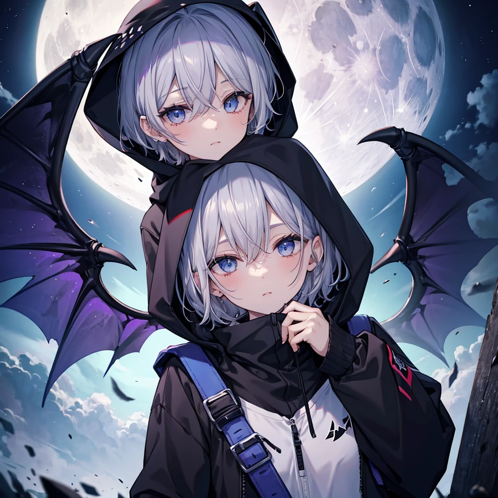 ((((grim Reaper inflammation)))) (((Gray Hair Short Hair blue eyes female Close-up))),((night full moon My own big wings)),(Wearing a hood Black hoodie Purple light), A tense look Shining Background Shining Edge