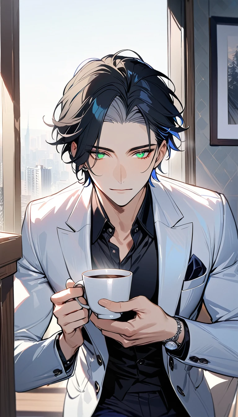 1 male, 25 years old British male, decisive, graceful, tattooed, emerald eyes, black hair, white suit, black shirt, tie, British gentleman, white pants, office president, 
Standing, holding a cup of coffee in his hand，Office President，一个现代Handsome哥，25-year-old male，Black Hair，Green eyes，short hair，No bangs，Show forehead，Middle parted hair，young people，Dynamic Hair，Delicate face，Bright Eyes，Gem Eyes， Extremely detailed eyes， Handsome，Handsome，White skin，Single photo，Upper body photo from thigh up，Handsome哥，Handsome face，masterpiece，HD，masterpiece，Sense of division，a beautiful man，Exquisite eyes，Carefully sculpted hair，Rich in details，Standinging in front of a white background，Handsome哥，juvenile，blond，short hair，Handsome face，Handsome，Handsome，超级Handsome哥，White skin，Fair skin，Handsome哥，Handsome face，Pretty Face，indifferent的表情，Reflective hair，Shiny hair，现代都市Handsome哥，Modern Clothing，Fashion，Casual jacket，trend，Handsome，upright，Standing，front，Moderate，Direct vision，Eye height，Wearing a white coat，Black pants，front面貌，front，Stay away from the camera，whole body，High cold temperament，Shoulder height，front面貌直面镜头，（whole body照片），whole body，Imagine，blond，cold face，indifferent，cold，Don't laugh，Residence，poker face，4K, ((masterpiece)),((best quality)),((High Detail)),((Practical,)) ((best quality)), ((masterpiece)), ((Practical))，high resolution, ((Intricate details)), Very detailed,masterpiece, best quality, (Very detailed CG unity 8k wallpaper), (best quality), (Best Illustration Award), (Best shadow),