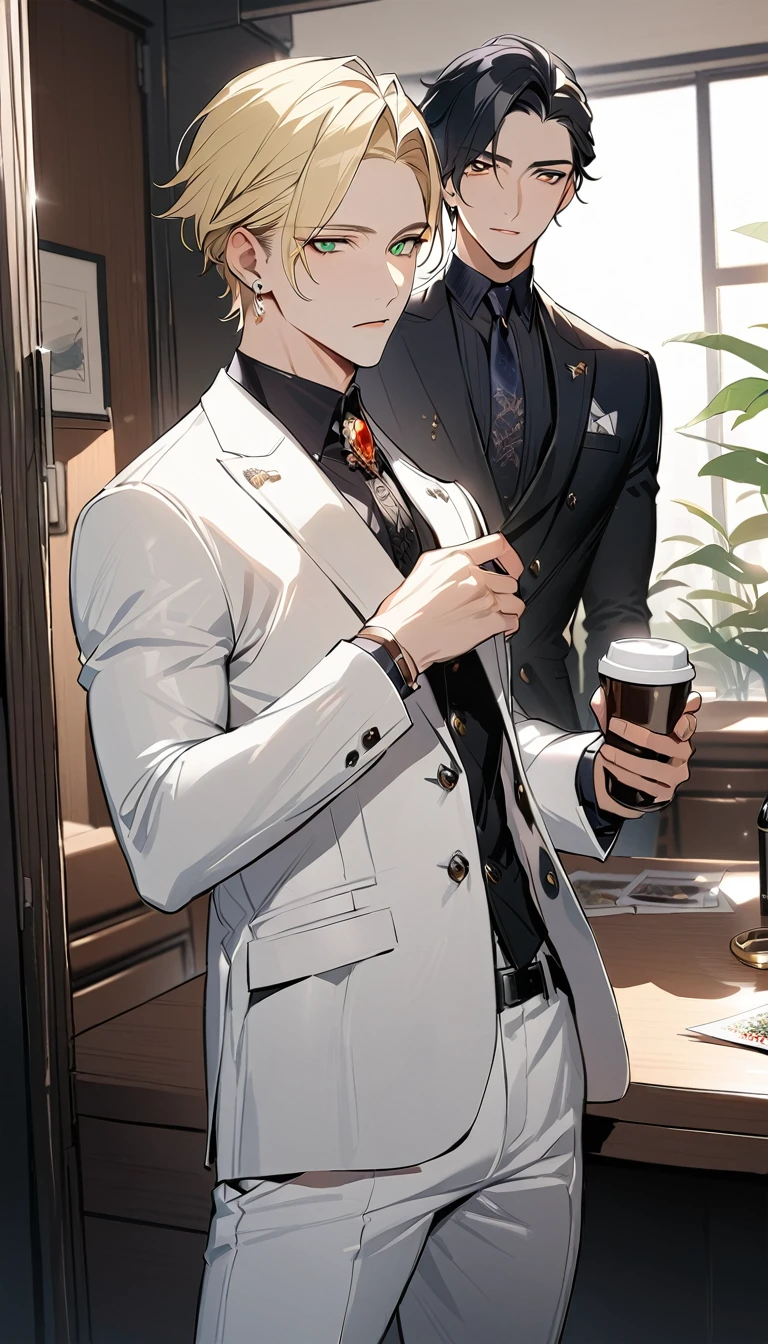 1 male, 25 years old British male, decisive, graceful, tattooed, emerald eyes, black hair, white suit, black shirt, tie, British gentleman, white pants, office president,
Standing, holding a cup of coffee in his hand,Office President,一个现代Handsome哥,25-year-old male,Black Hair,Green eyes,short hair,No bangs,Show forehead,Middle parted hair,young people,Dynamic Hair,Delicate face,Bright Eyes,Gem Eyes, Extremely detailed eyes, Handsome,Handsome,White skin,Single photo,Upper body photo from thigh up,Handsome哥,Handsome face,masterpiece,HD,masterpiece,Sense of division,a beautiful man,Exquisite eyes,Carefully sculpted hair,Rich in details,Standinging in front of a white background,Handsome哥,juvenile,blond,short hair,Handsome face,Handsome,Handsome,超级Handsome哥,White skin,Fair skin,Handsome哥,Handsome face,Pretty Face,indifferent的表情,Reflective hair,Shiny hair,现代都市Handsome哥,Modern Clothing,Fashion,Casual jacket,trend,Handsome,upright,Standing,front,Moderate,Direct vision,Eye height,Wearing a white coat,Black pants,front面貌,front,Stay away from the camera,whole body,High cold temperament,Shoulder height,front面貌直面镜头,(whole body照片),whole body,Imagine,blond,cold face,indifferent,cold,Don't laugh,Residence,poker face,4K, ((masterpiece)),((best quality)),((High Detail)),((Practical,)) ((best quality)), ((masterpiece)), ((Practical)),high resolution, ((Intricate details)), Very detailed,masterpiece, best quality, (Very detailed CG unity 8k wallpaper), (best quality), (Best Illustration Award), (Best shadow),