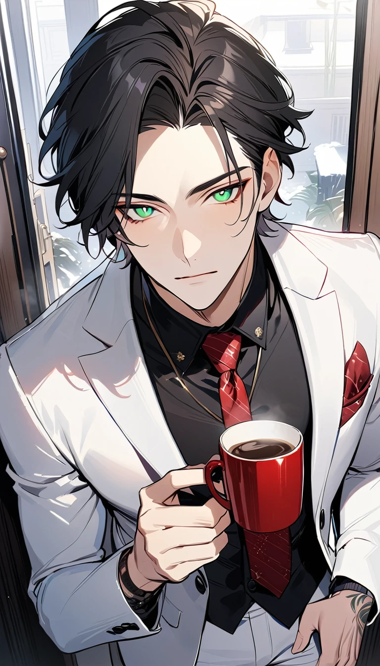1 male, 25 years old British male, decisive, graceful, tattooed, emerald eyes, black hair, white suit, black shirt, tie, British gentleman, white pants, office president, 
Standing, holding a cup of coffee in his hand，Office President，一个现代Handsome哥，25-year-old male，Black Hair，Green eyes，short hair，No bangs，Show forehead，Middle parted hair，young people，Dynamic Hair，Delicate face，Bright Eyes，Gem Eyes， Extremely detailed eyes， Handsome，Handsome，White skin，Single photo，Upper body photo from thigh up，Handsome哥，Handsome face，masterpiece，HD，masterpiece，Sense of division，a beautiful man，Exquisite eyes，Carefully sculpted hair，Rich in details，Standinging in front of a white background，Handsome哥，juvenile，blond，short hair，Handsome face，Handsome，Handsome，超级Handsome哥，White skin，Fair skin，Handsome哥，Handsome face，Pretty Face，indifferent的表情，Reflective hair，Shiny hair，现代都市Handsome哥，Modern Clothing，Fashion，Casual jacket，trend，Handsome，upright，Standing，front，Moderate，Direct vision，Eye height，Wearing a white coat，Black pants，front面貌，front，Stay away from the camera，whole body，High cold temperament，Shoulder height，front面貌直面镜头，（whole body照片），whole body，Imagine，blond，cold face，indifferent，cold，Don't laugh，Residence，poker face，4K, ((masterpiece)),((best quality)),((High Detail)),((Practical,)) ((best quality)), ((masterpiece)), ((Practical))，high resolution, ((Intricate details)), Very detailed,masterpiece, best quality, (Very detailed CG unity 8k wallpaper), (best quality), (Best Illustration Award), (Best shadow),