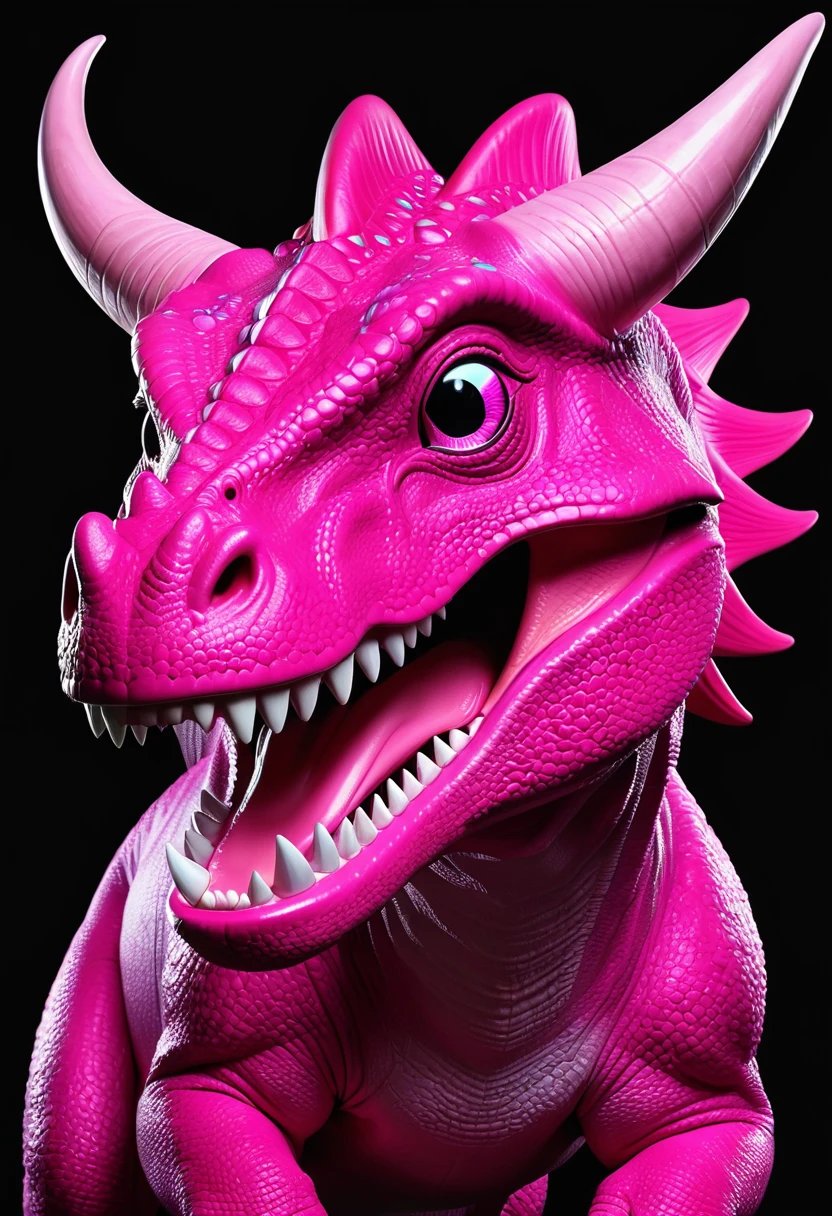 Highest quality、masterpiece、darkness、Black Background、Surreal Posters、Long Shot、Ultra-realistic、A realistic dinosaur that glows pink、Pink Triceratops、Angry、Bright eyes、Pink Dinosaur、Smiling dinosaur、Fluorescent pink、darknessに浮かぶPink Dinosaur、