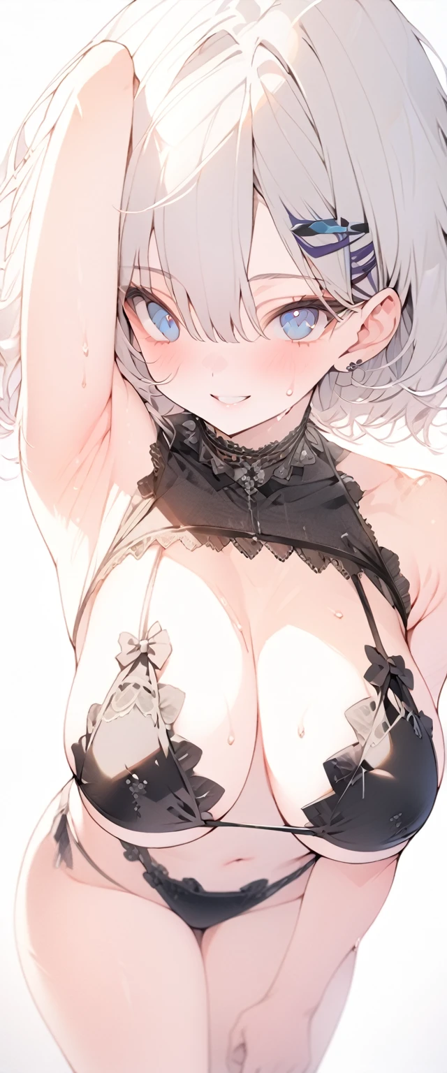 beautiful, masterpiece, Highest quality, anime, One girl, C Cup,Portrait Shot, View your viewers, Covered、Short Hair、nearby、Blue Eyes、art、、White hair,Blue streaked hair、hairpin、Cute smile、Thighs、Cute、Sweat、navel、Armpit、Underboob、Lace Bikini、Beautiful breasts