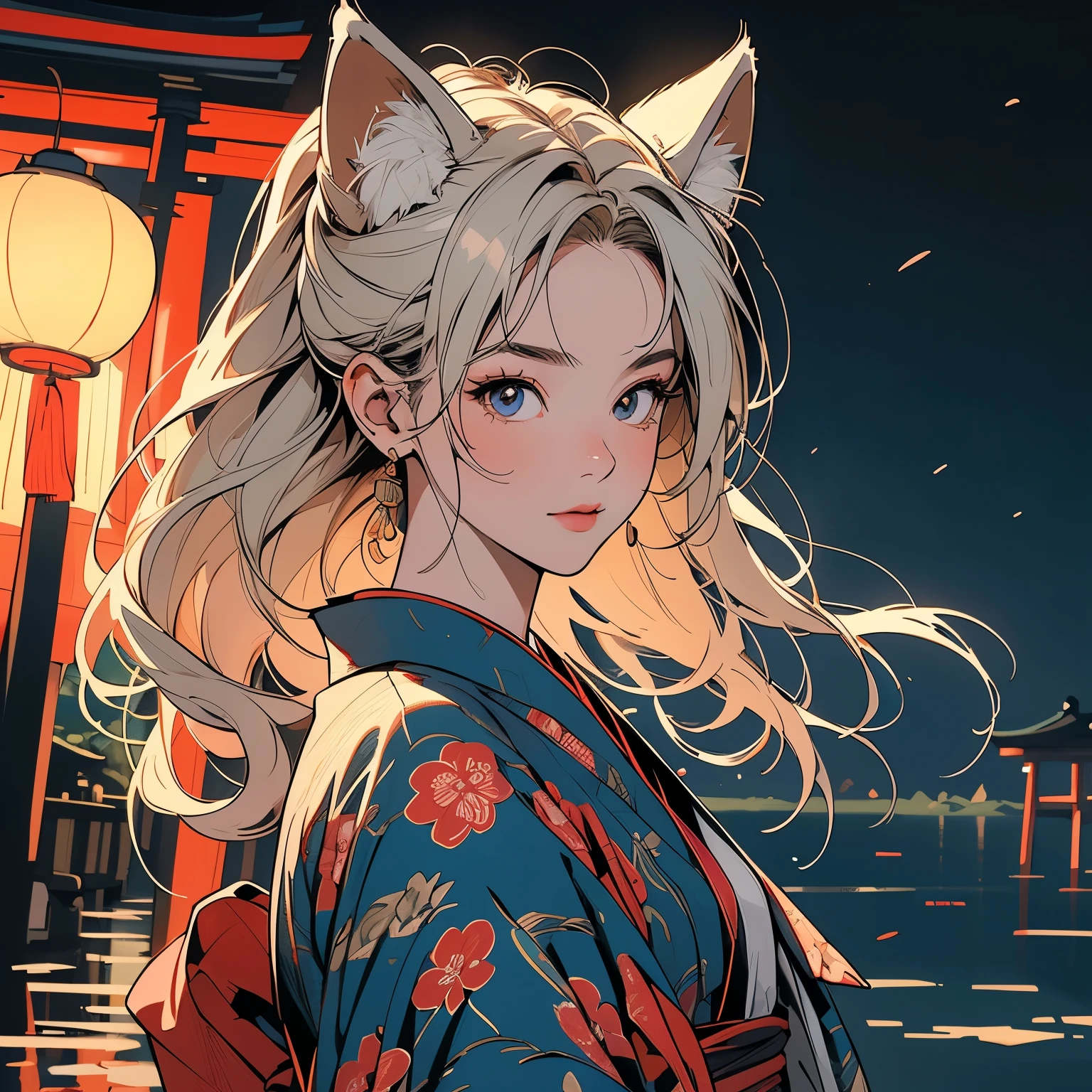 Kimono, perfect kimono, detailed kimono, top quality, ultra Detailed , torii gate, night view, forest, lake,ultra Detailed fox mask,perfect fox mask, only one woman, perfect face, Japan, lantern, pale lighting, mysterious, (((cowboy shot))), ultra detailed hair, sparkling eyes, suspicious face, ultra detailed fox, wind is blowing