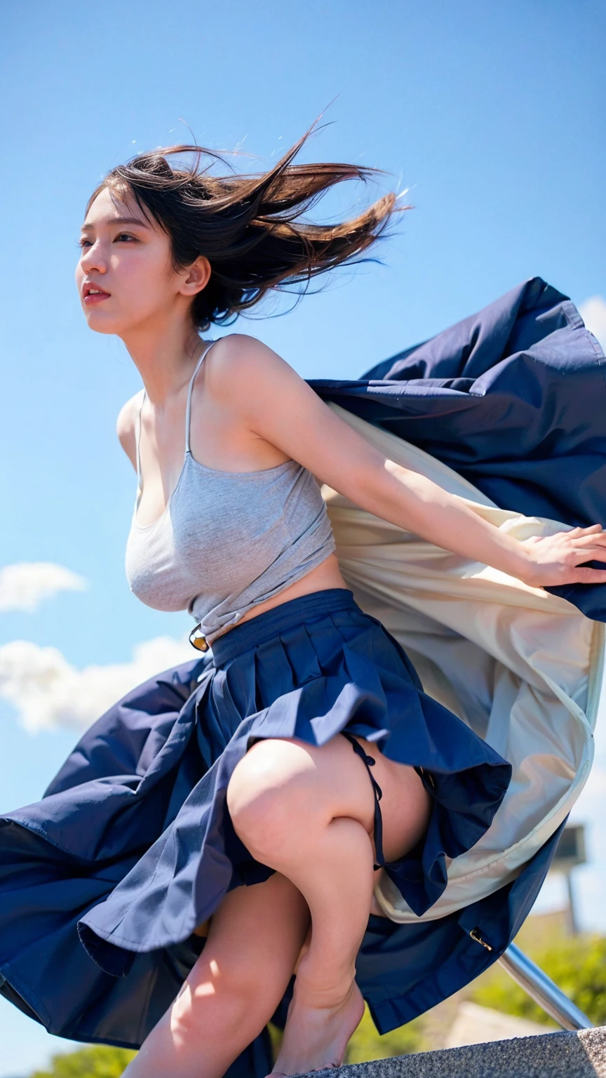 ((Viewing angle from below:1.52、Highest quality、masterpiece、32k、Every detail))、(((A strong wind blows up her hair and skirt:1.62)))、Descend the outdoor stairs、commute、whole body、Traditional navy blue sailor uniform、White blouse、(((Mini Pleated Skirt, No underwear:1.22)))、((She always wears the strap of her bag across her body.:1.42))、One Girl、((((Big Breasts、barefoot, High heels))))