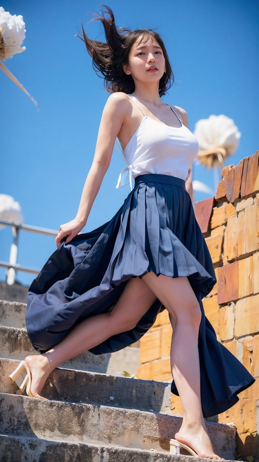 ((Viewing angle from below:1.52、Highest quality、masterpiece、32k、Every detail))、(((A strong wind blows up her hair and skirt:1.62)))、Descend the outdoor stairs、commute、whole body、Traditional navy blue sailor uniform、White blouse、(((Mini Pleated Skirt, No underwear:1.22)))、((She always wears the strap of her bag across her body.:1.42))、One Girl、((((Big Breasts、barefoot, High heels))))