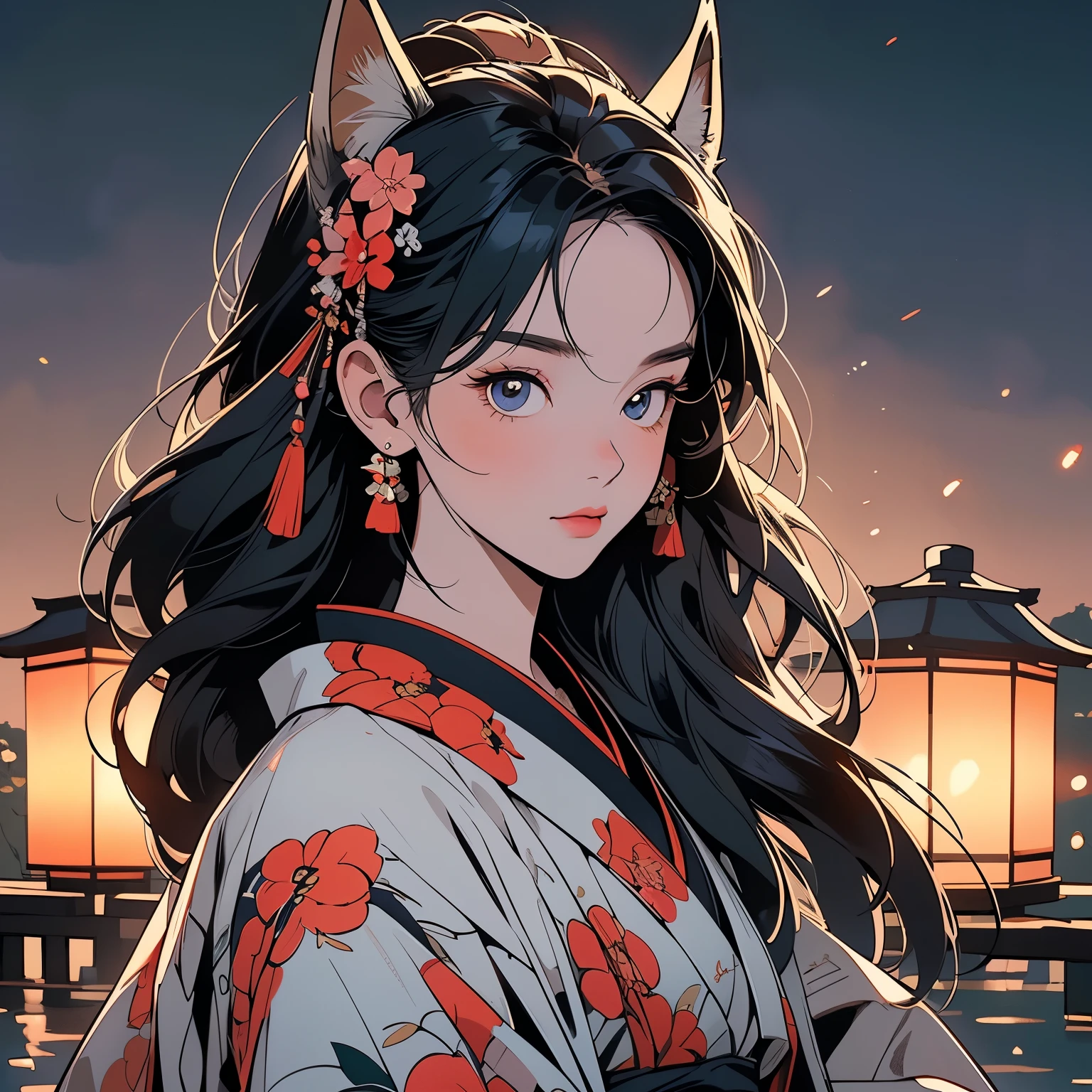 Kimono, perfect kimono, detailed kimono, top quality, ultra Detailed , torii gate, night view, forest, lake,ultra Detailed fox mask,perfect fox mask, only one woman, perfect face, Japan, lantern, pale lighting, mysterious, (((cowboy shot))), ultra detailed hair, sparkling eyes, suspicious face, ultra detailed fox, wind is blowing