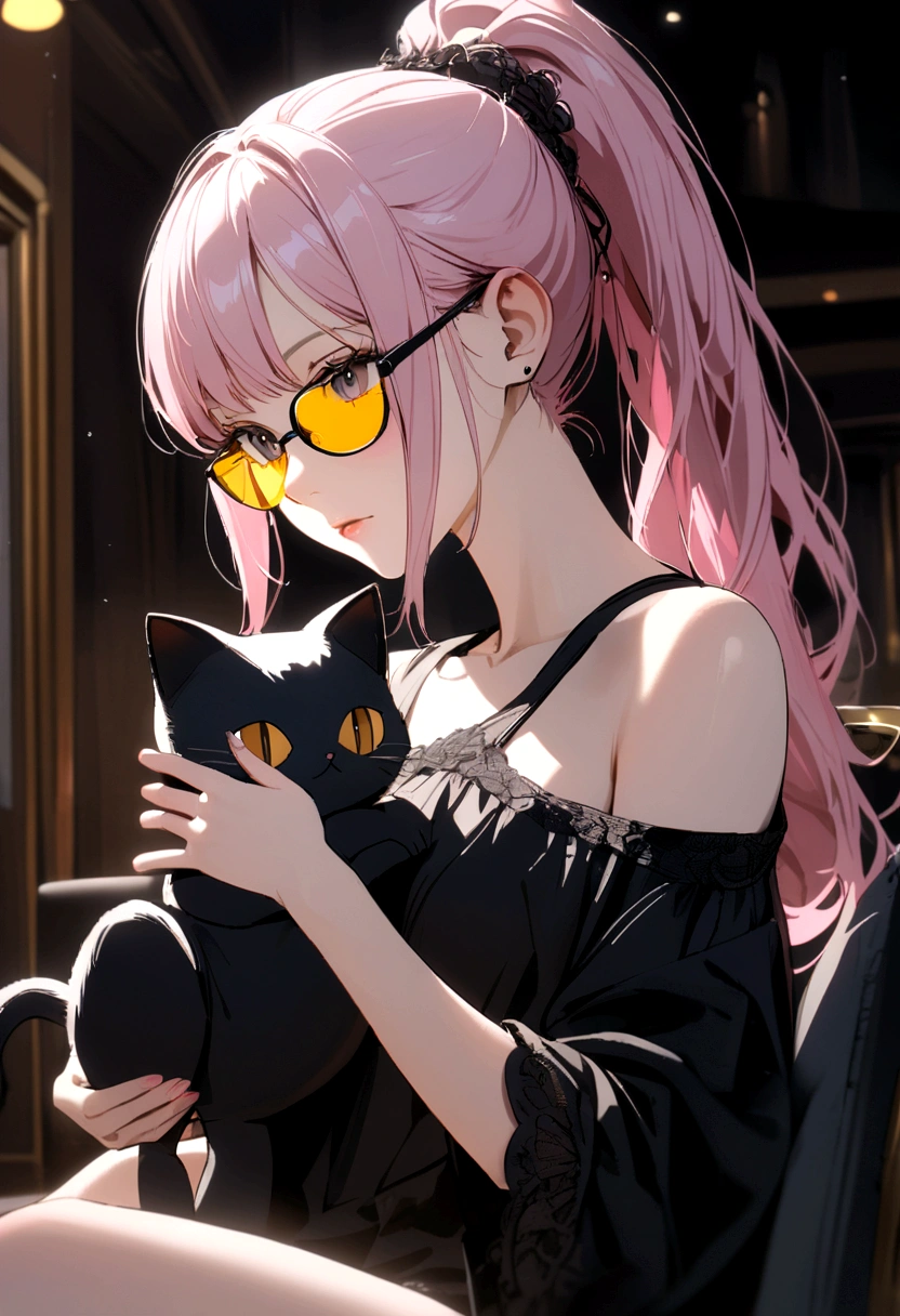 girl with light pink hair, high ponytail, yellow glasses, gray eyes, black shirt, off shoulder, holding a black stuffed cat, white phone