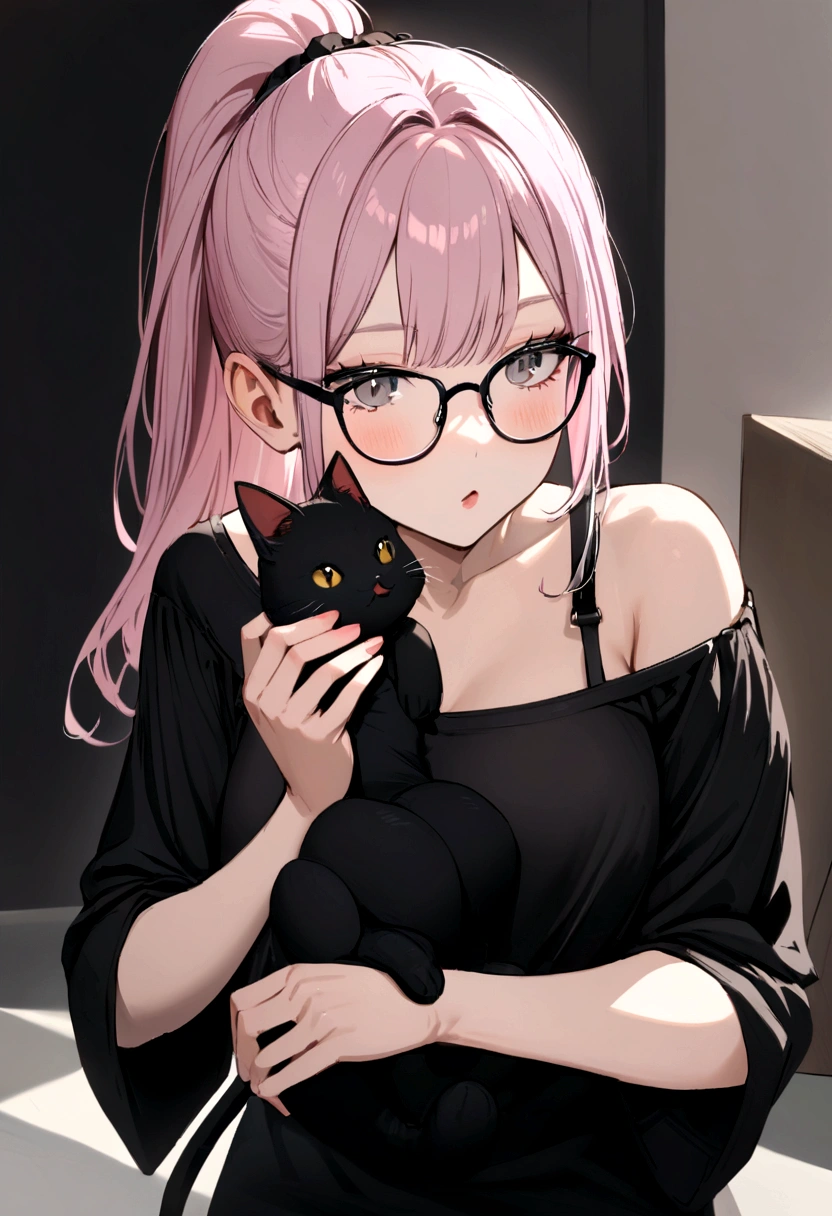 girl with light pink hair, high ponytail, yellow glasses, gray eyes, black shirt, off shoulder, holding a black stuffed cat, white phone