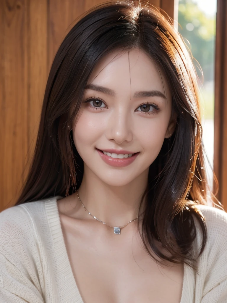 1girl, alone, solitary, high quality, (best quality,4k,8k,highres,masterpiece:1.2),ultra-detailed,(realistic,photorealistic,photo-realistic:1.37),gorgeous hair,burgundy hair, burgundy long straight hair with bangs,puffy eyes,mole on the cheek,plump lips,jewelry,(high detailed skin:1.4),(rim lighting:1.3),(lit:1.3),(sunny day:1.3),portrait,beautiful lips,waist-length hair,seductive gaze,moles,sweater,intense colored sweater,close up,really long hair,choker necklace,tattoos on thighs,tattooed,light eyes,bangs,fringe,20 year old,perfect smile,beautiful smile,dimples on the cheeks,perfect teeth,straight teeth,beautiful teeth,dimples,dimpled smile,apple cheeks,deep dimples,perfect sized teeth,even teeth