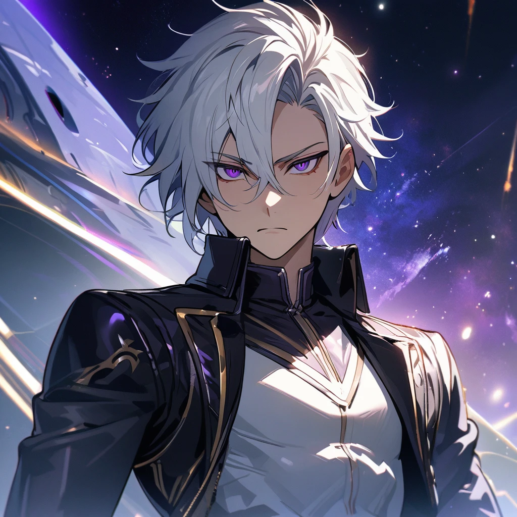 High quality, HD, 4k, no shadows, handsome male, 1male, 17 years old, teenager, golden lining, short white hair, sharp eyes, dark purple eyes, deep purple eyes, devil may cry, close up, calm expression, stoic expression, black leather clothes, white leather clothing, lean body, well trained body, upper body, looking at viewer, cowboy shot, white solar, space background