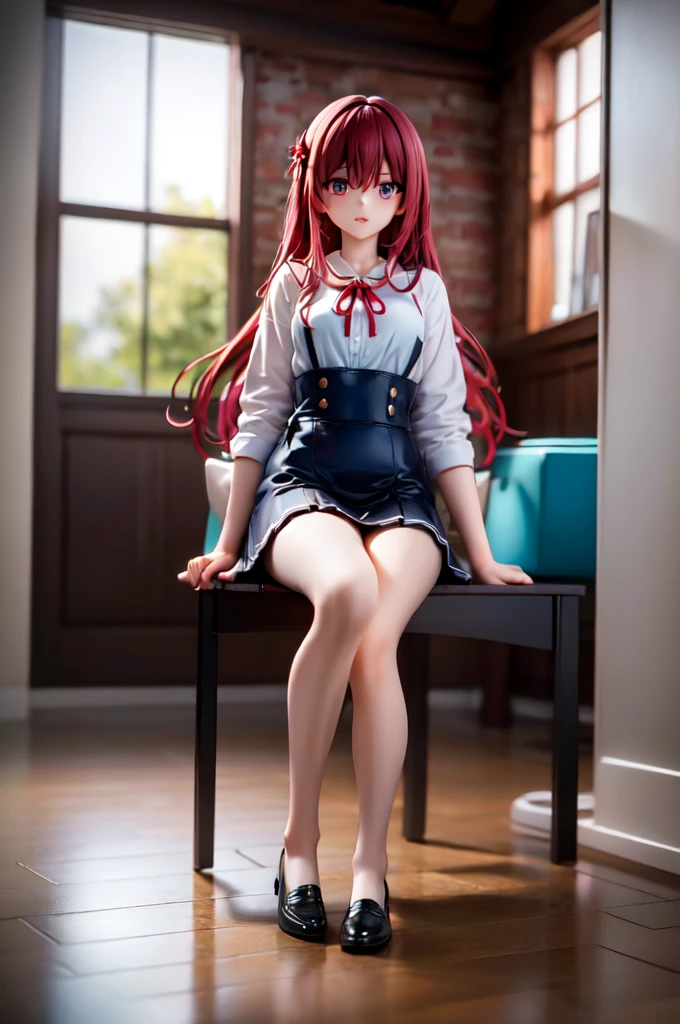 (masterpiece:1.2),Highest quality,High resolution,unity 8k wallpaper,(figure:0.8),(Beautiful attention to detail:1.6),Highly detailed face,Perfect lighting,Highly detailed CG,(Perfect hands, Perfect Anatomy),One girl,alone,View your viewers,indoor, window, blue sky, corridor, Soryu Asuka Langley, Interface Headset,light Redhead,long Redhead,Hair between the eyes,Redhead,blue suspender skirt,Red ribbon, White shirt,, shoes下, shoes,(Natural pose:1),
