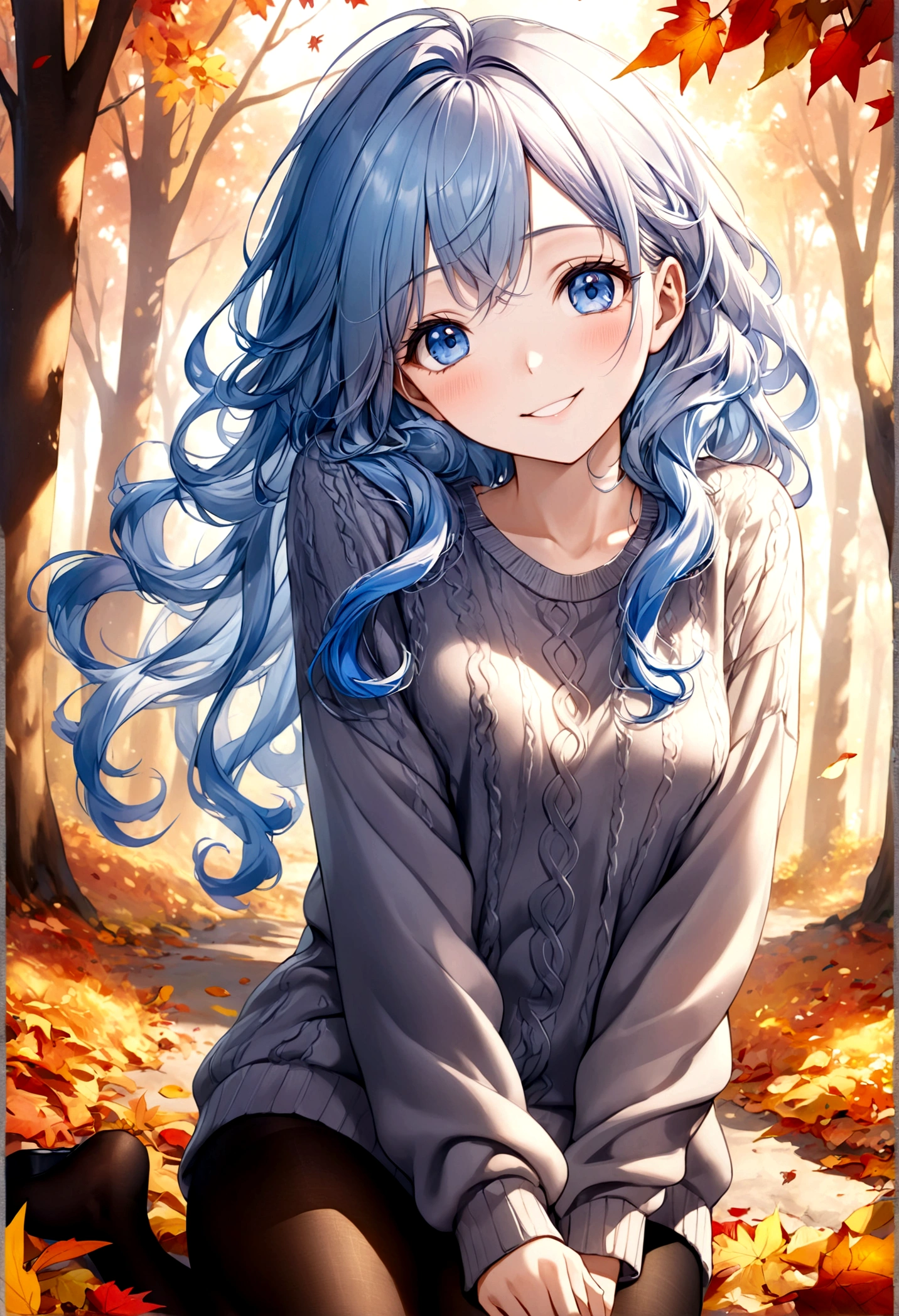 ((top-quality)), ((​masterpiece)), ((ultra-detailliert)), (extremely delicate and beautiful), beautiful woman, bright light blue hair, long wavy hair, sapphire blue eyes, cozy sweater, sheer black pantyhose, sweet smile, relaxed expression, fair complexion, autumn background